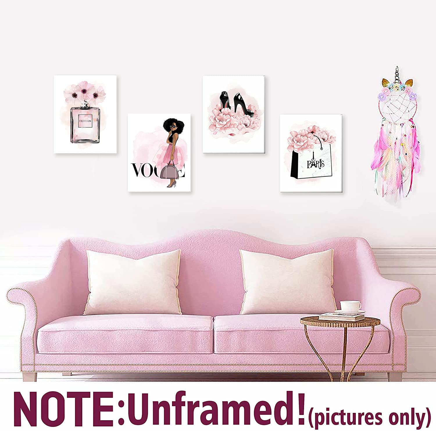 African American Wall Art - Black Girl Pink Flowers Canvas Prints, Set of 4 (8x10in UNFRAMED) - Perfect for Girls Bedroom Decor, Women's Room Aesthetic & Gift Ideas - Wall Paintings Featuring Perfume, Handbags & High Heels - Modern Home & Office Decor