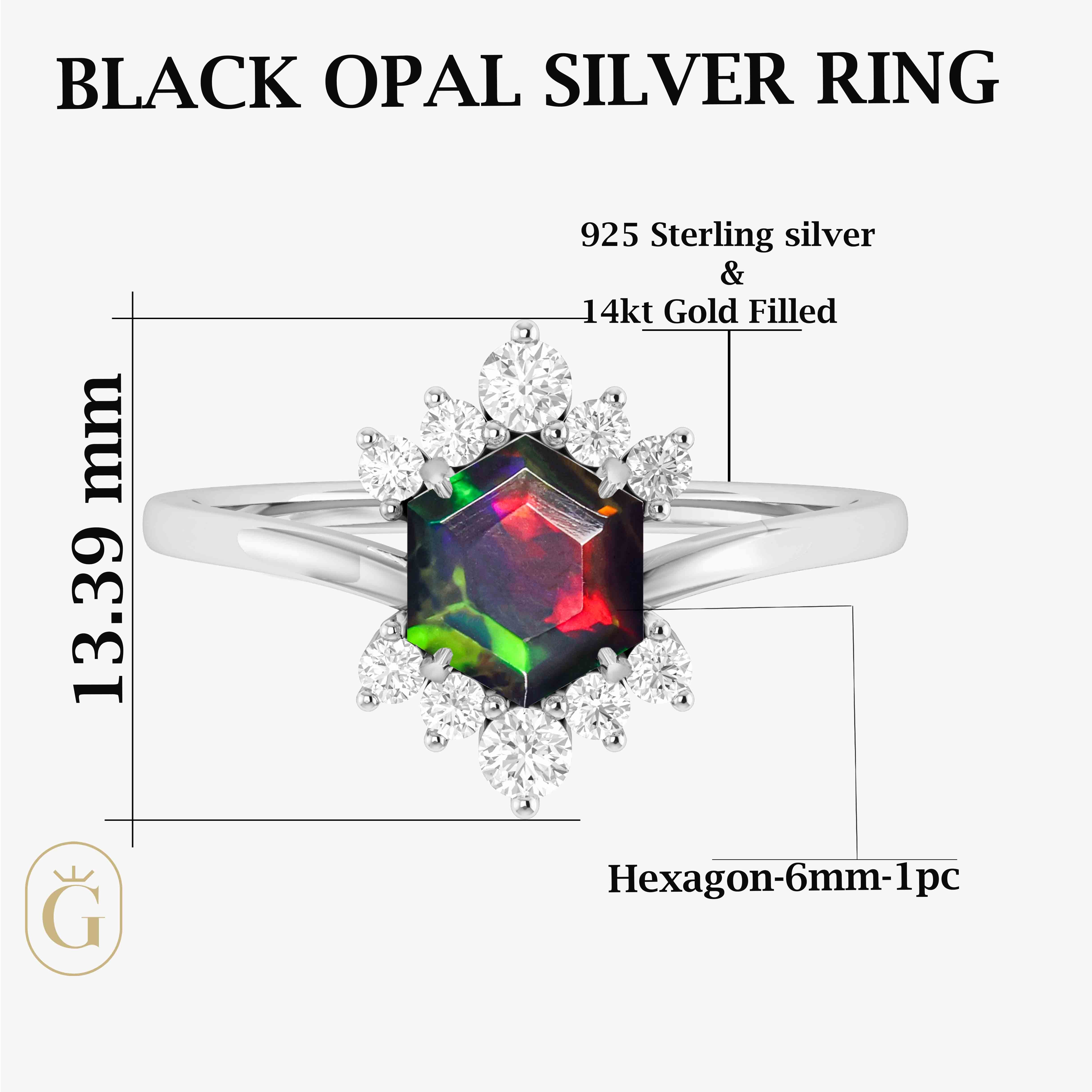Natural Black Opal Hexagon Gemstone Ring for Women - Elegant Handmade Silver Jewelry for Engagement, Wedding & Special Occasions