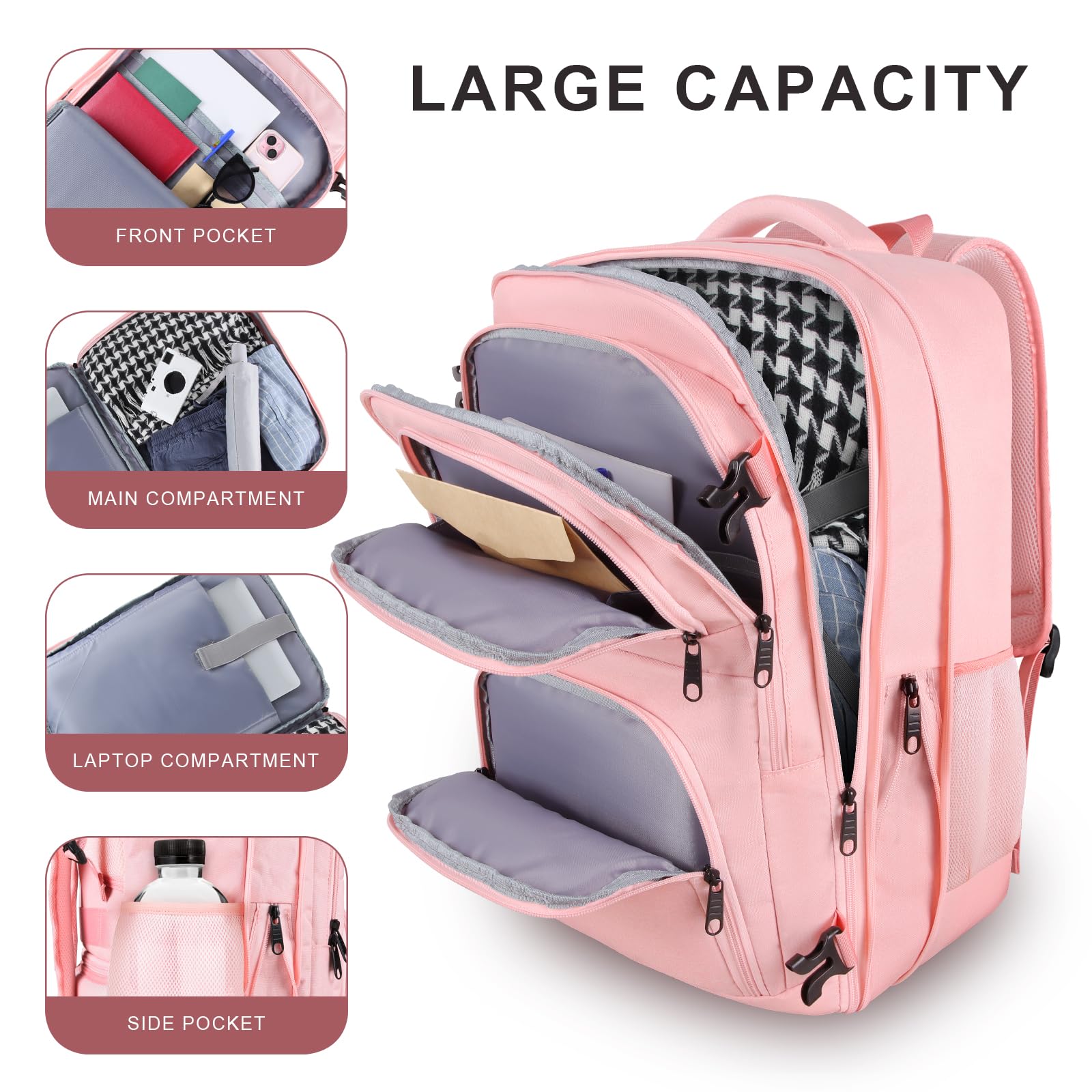 Women's 52L Expandable Travel Backpack - TSA Approved Carry On Luggage with USB Port | Large Flight Approved Business Backpack for Teachers, Commuters & Weekend Trips | Perfect for Air Travel, Work & Daily Use (Pink)