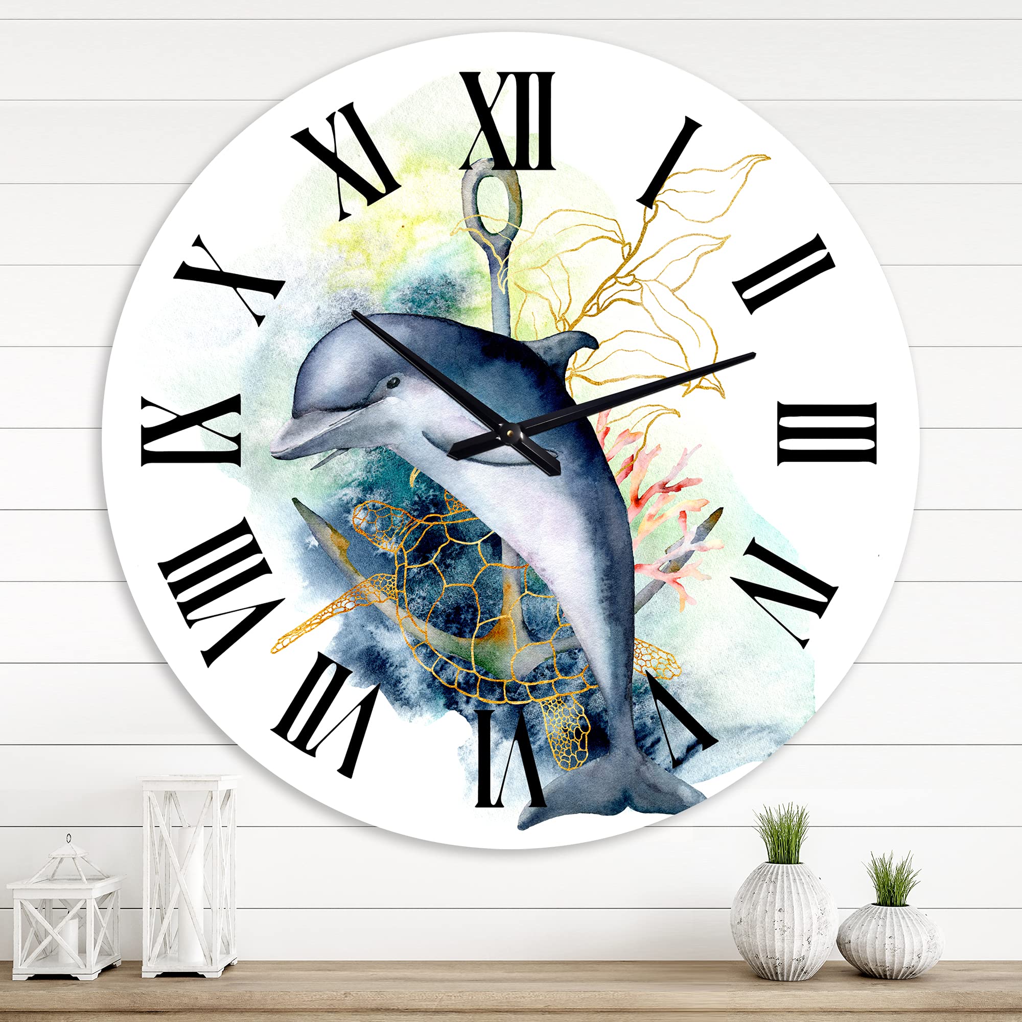 DesignQ Nautical Coastal Wall Clock with Dolphin, Turtle & Coral Reef Design - Large Decorative Clock for Bedroom, Living Room & Office | Perfect for Beach House Decor & Coastal Theme Interiors
