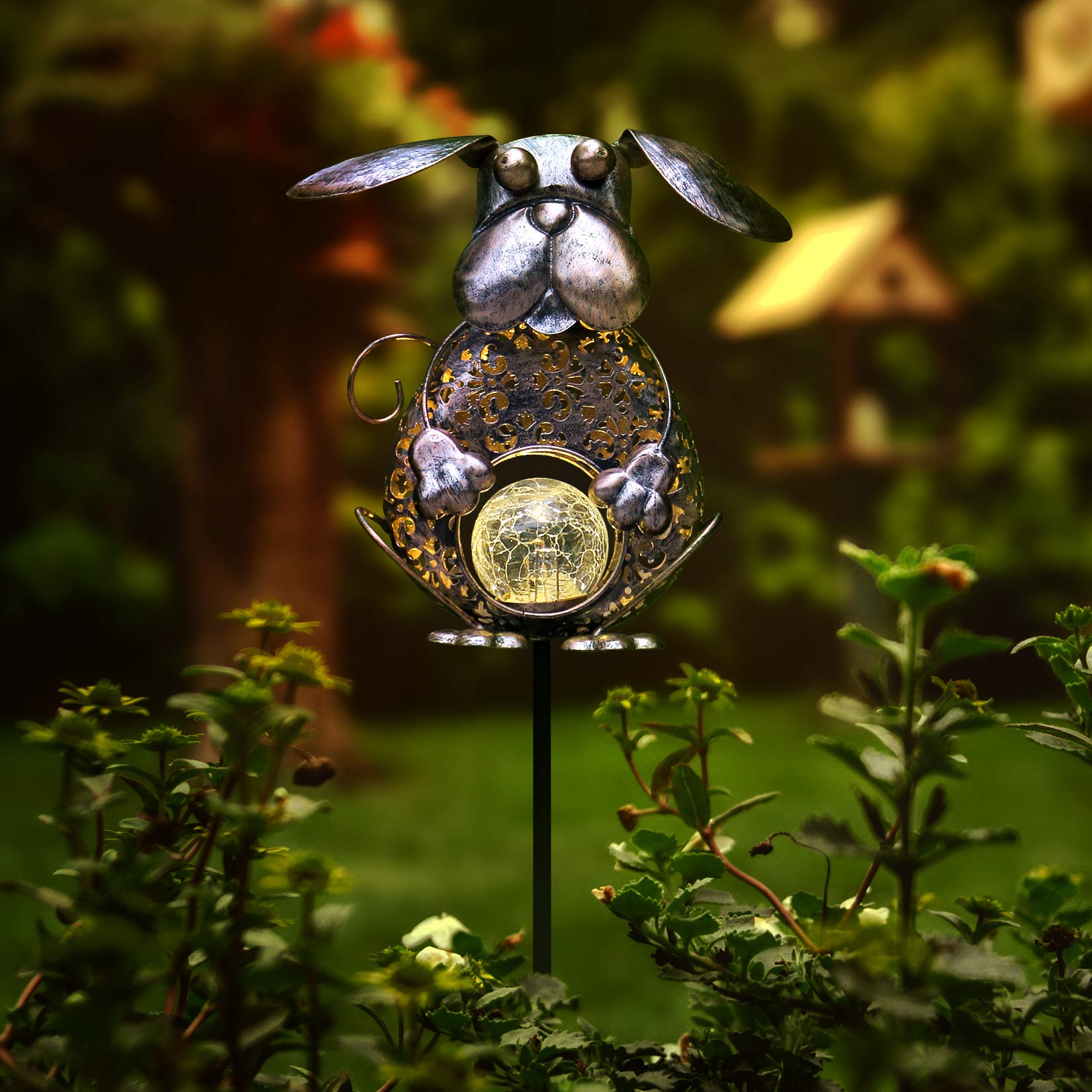 KAIXOXIN Solar Garden Lights - Waterproof Metal Dog Crackle Glass Globe Stake Light, Warm White LED Solar Path Lights for Outdoor Decoration (Dog-Bronze) | Perfect for Walkways, Patios, Lawns & Backyard Landscaping
