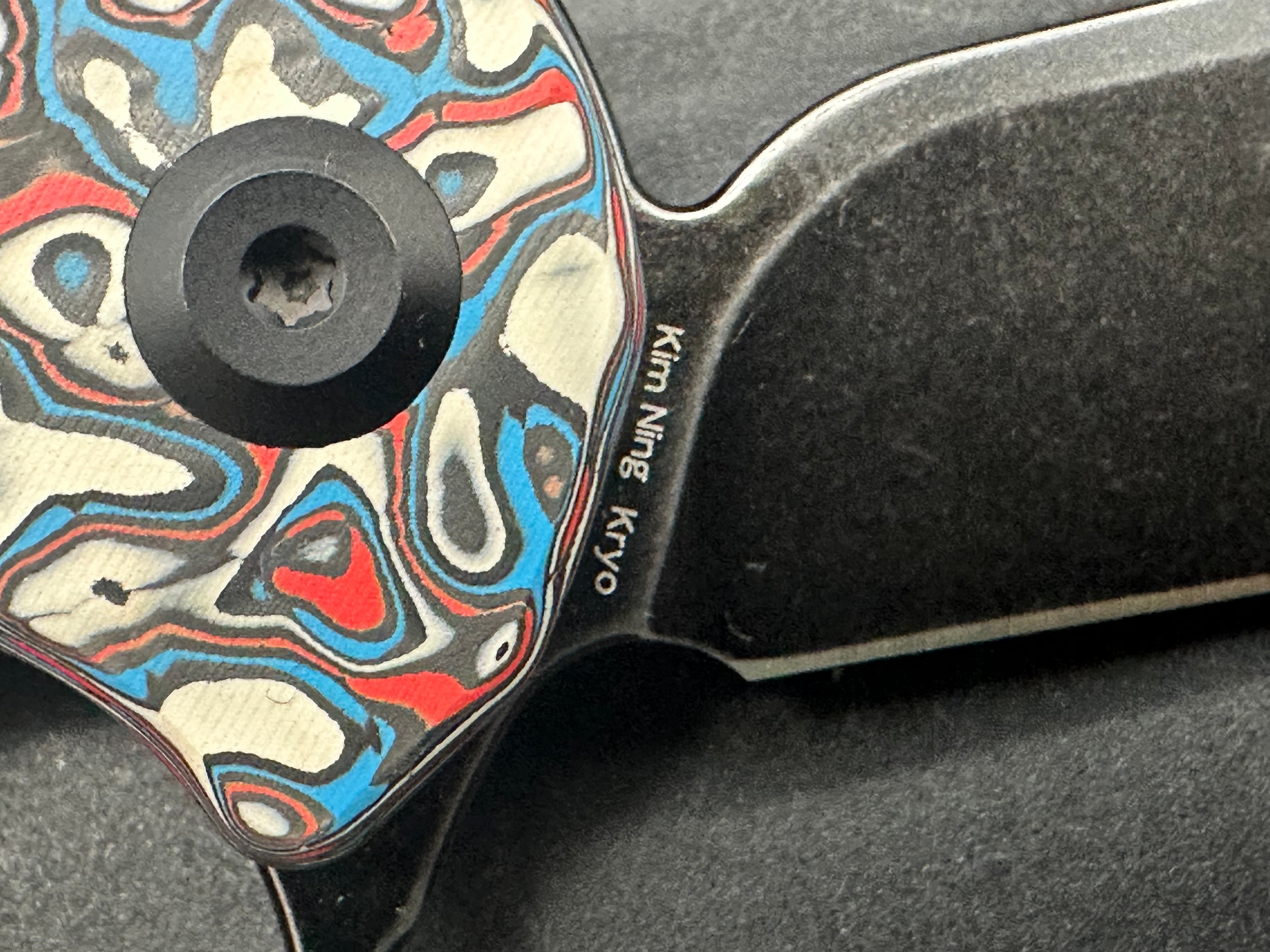 KANSEPT KRYO Folding Pocket Knife - Red/Blue/White Nebula Carbon Fiber Handle, S35VN Steel Drop Point Blade, Plain Edge Black Stonewash Finish (Model K1001M3) | EDC, Camping, Hiking & Outdoor Survival Tool