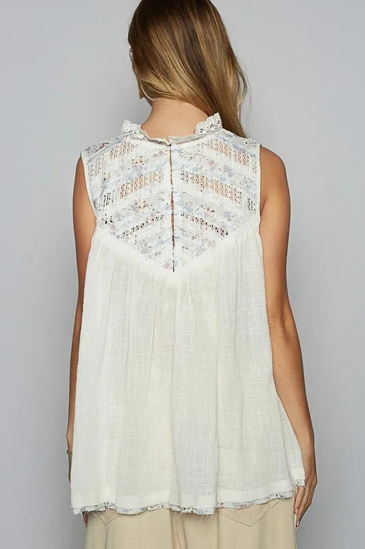 Lace Detail Floral Sleeveless Rayon Gauze Top for Women - Summer Boho Chic Blouse for Beach, Vacation & Casual Outfits