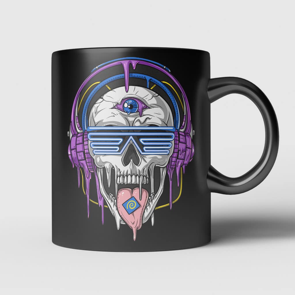 LINDENPAL Psychedelic Melting Skull Headphones - EDM Music Festival & Psytrance Accessories - 15oz Coffee Mug for LSD, DMT & Psychonaut Enthusiasts - Perfect for Raves, Trips & Home Decor
