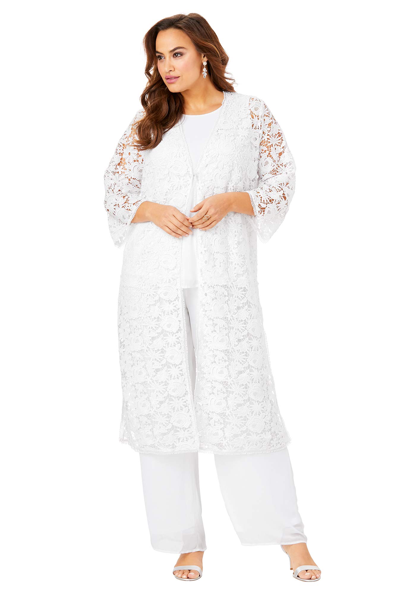 Romantic Plus Size Women's 3-Piece Lace Duster & Pant Suit Set for Formal Evening Wear | Mother of The Bride Outfit | Wedding Guest & Special Occasion Elegant Attire