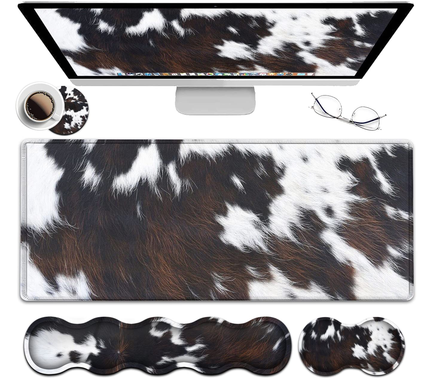 XXL Gaming Mouse Pad with Memory Foam Wrist Rest - 31.5x11.8 Inch Large Desk Mat, Ergonomic Cowhide Surface & Stitched Edges - Perfect for PC Gaming, Office Work & Home Computer Setup