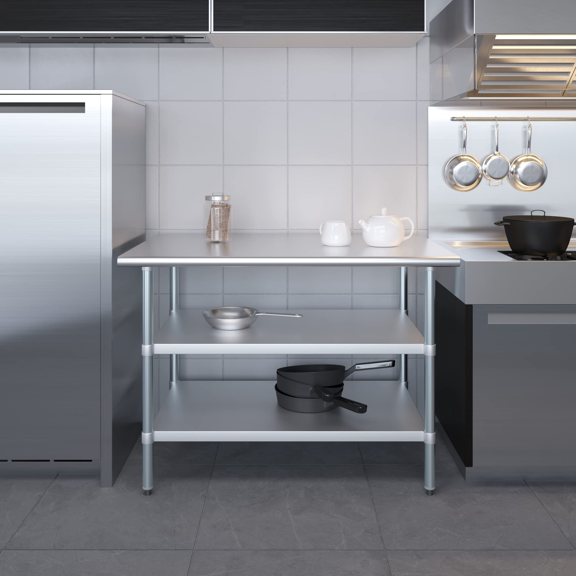 Stainless Steel Work Table with 2 Shelves | Heavy Duty Metal Utility Table for Commercial & Residential Use | NSF Certified 48