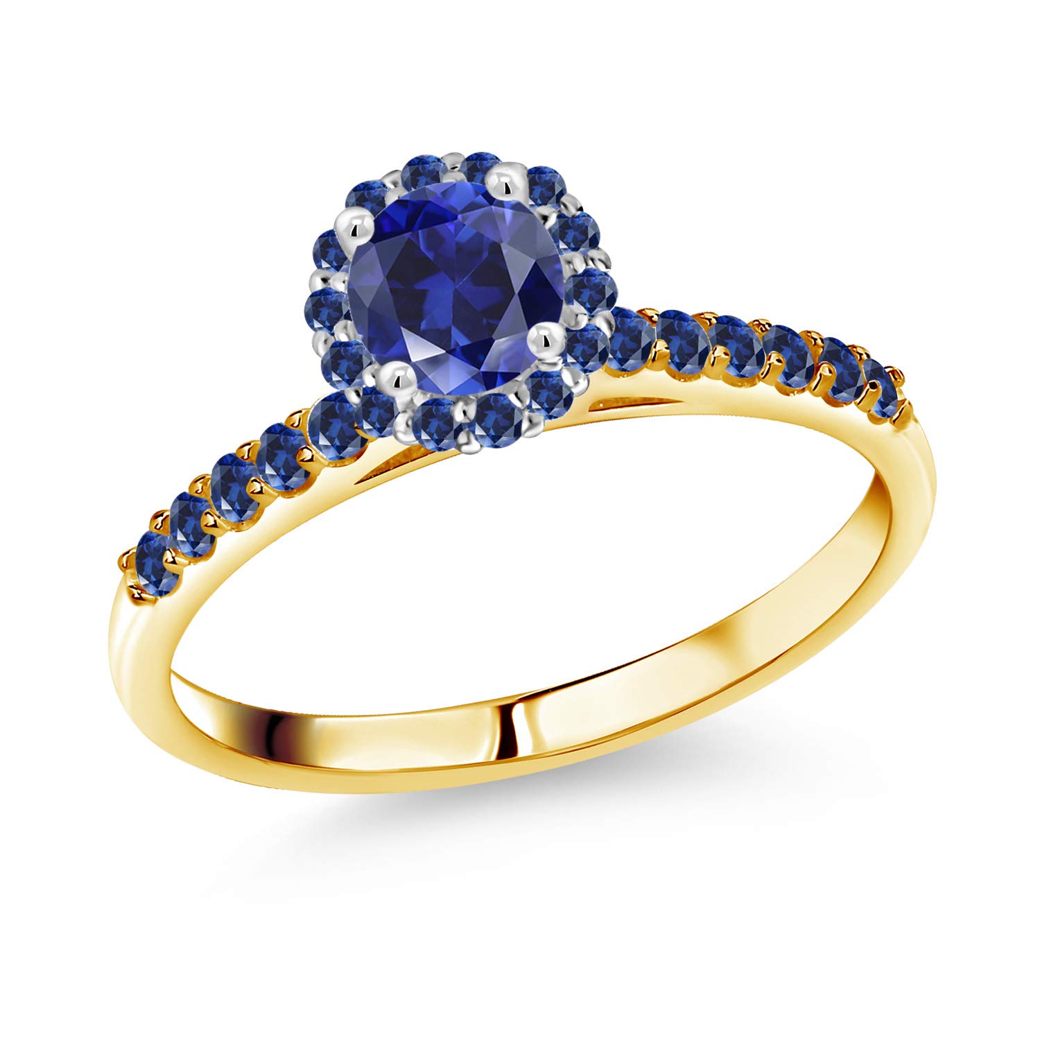 0.98 Ct Round Blue Lab-Created Sapphire 10K Yellow Gold Ring with White Gold Prongs - Elegant Engagement, Wedding & Anniversary Jewelry Gift for Women