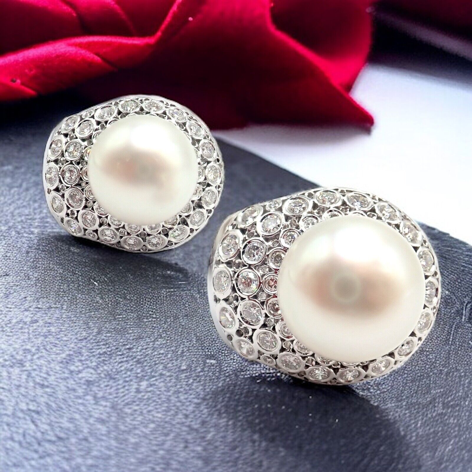 Vintage 18K White Gold Diamond & 13mm Pearl Earrings for Women - Elegant Pearl Jewelry for Weddings, Parties & Special Occasions