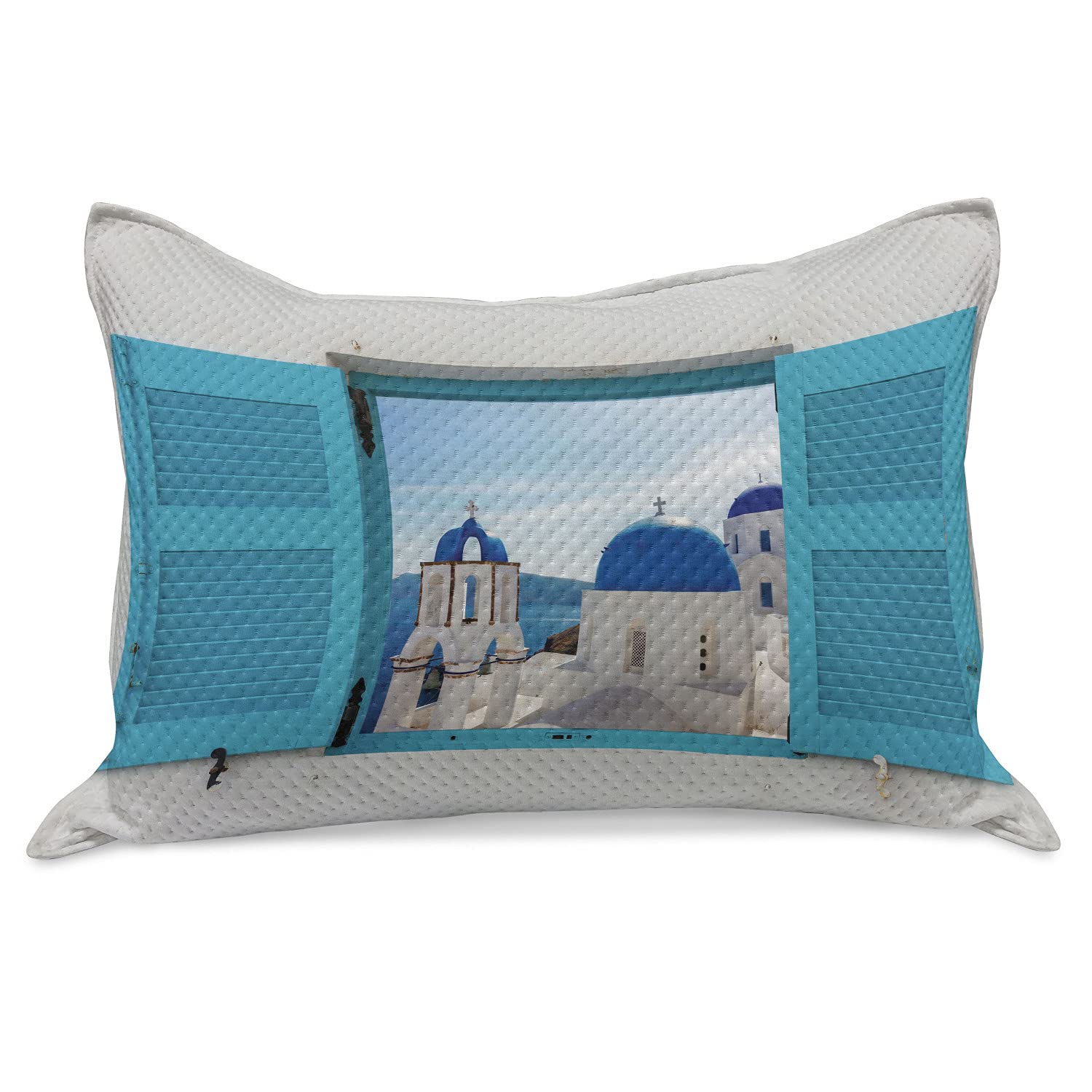 Ambesonne Landscape Knitted Quilt Pillow Cover - Window View of Classical Building Domes in Oia Santorini Greece - Standard Queen Size 30