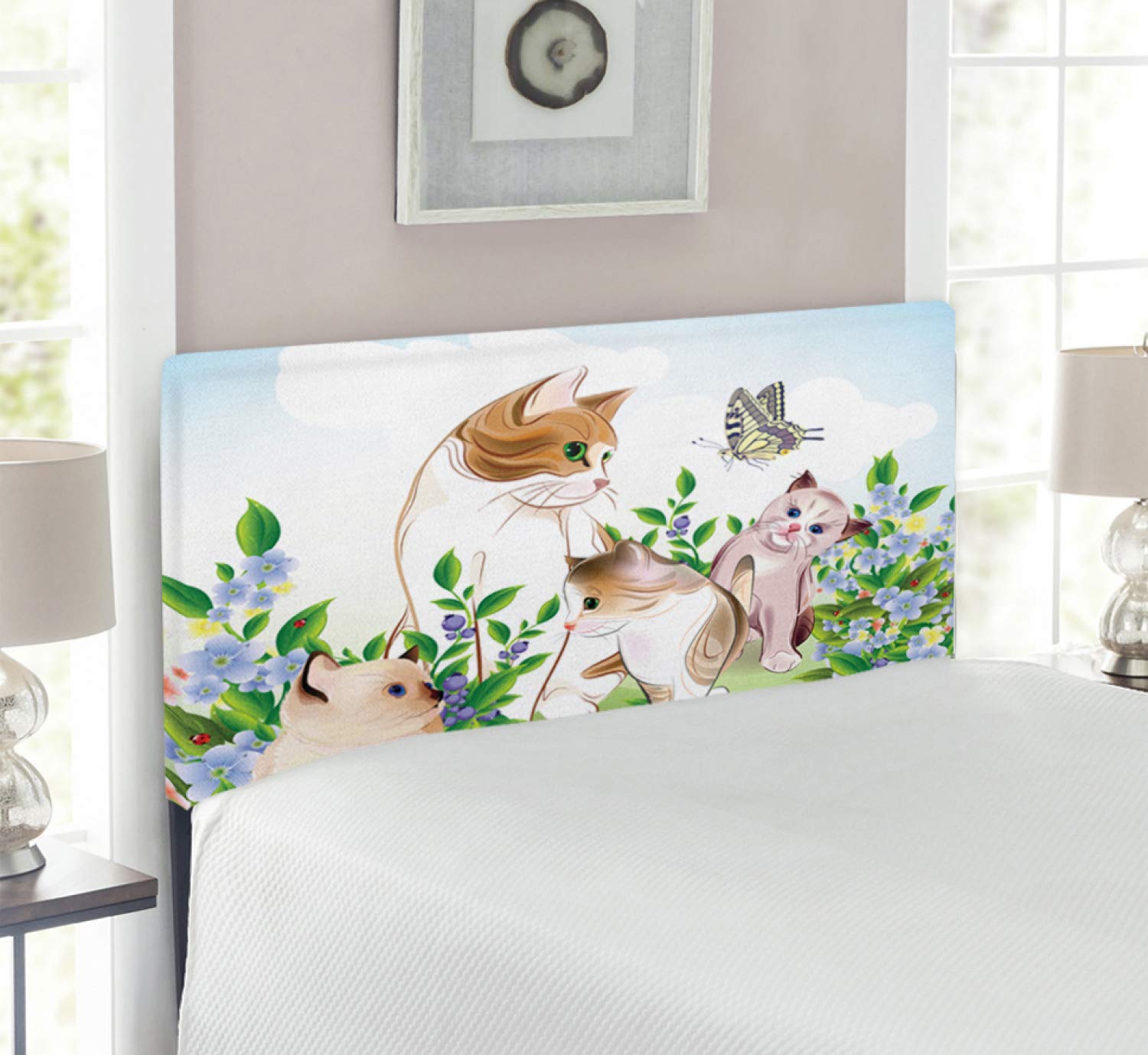 Ambesonne Cat Headboard - Kittens in Flower Meadow Cartoon Print, Upholstered Decorative Metal Bed Frame with Memory Foam, Twin Size, Multicolor - Perfect for Kids' Bedroom & Pet Lover Home Decor