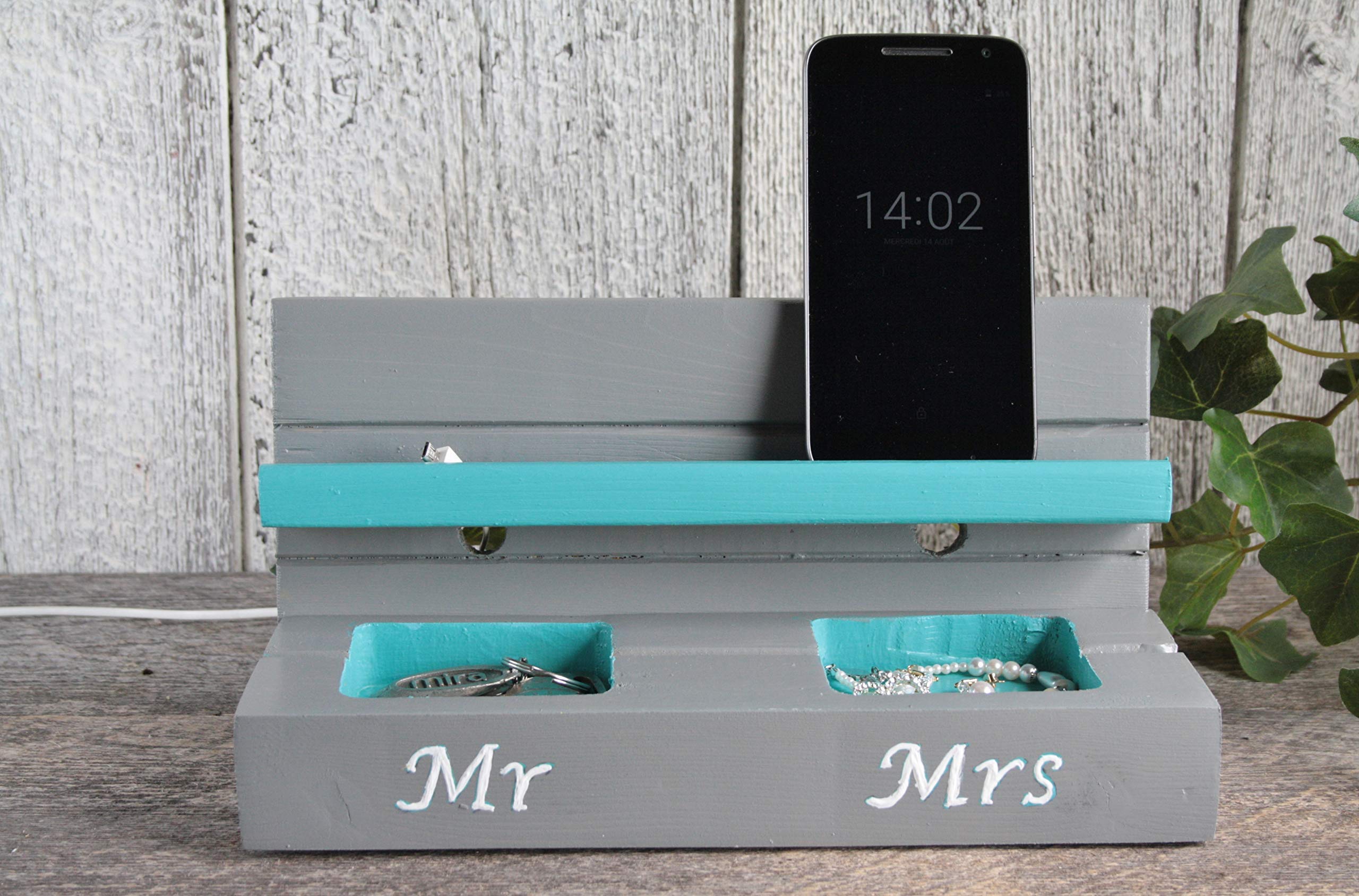 Handmade Gray & Turquoise Cell Phone Stand & Charging Station - Holds & Charges 2 Phones - Nightstand Organizer - Perfect Gift for Couples (Mr & Mrs) - Ideal for Bedroom, Office & Travel Accessories