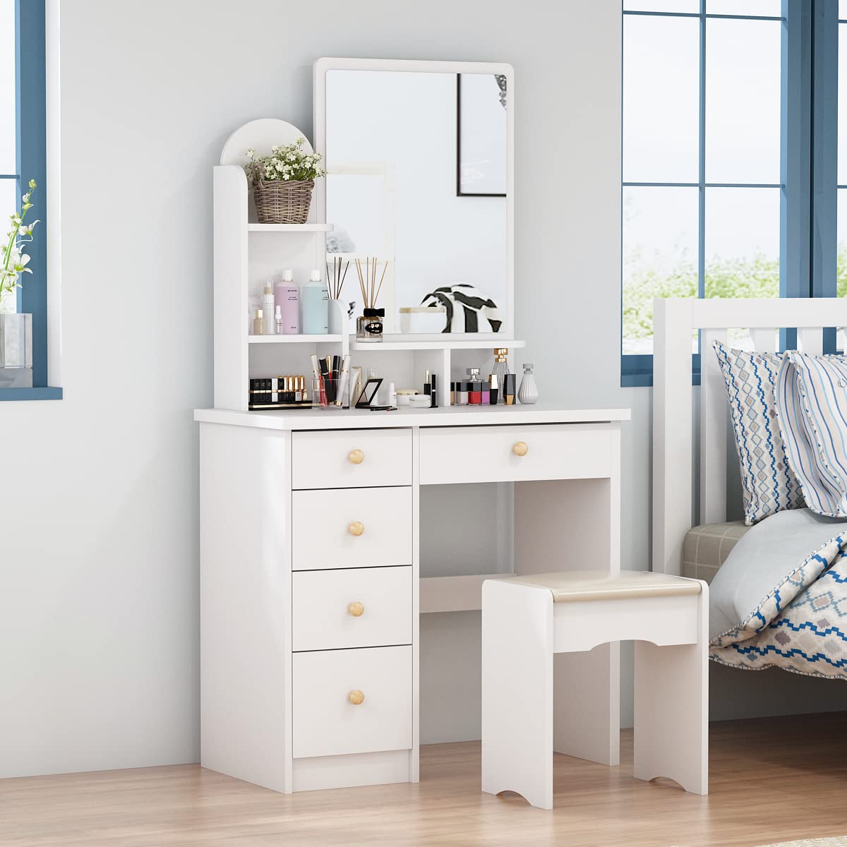 White Vanity Table Set with Mirror & Drawers for Girls & Women - Perfect for Makeup & Dressing