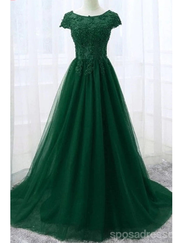 Emerald Green A-Line Short Sleeve Prom Dress with Jewel Neckline - Affordable Long Formal Gown for Homecoming, Ball, and Special Occasions