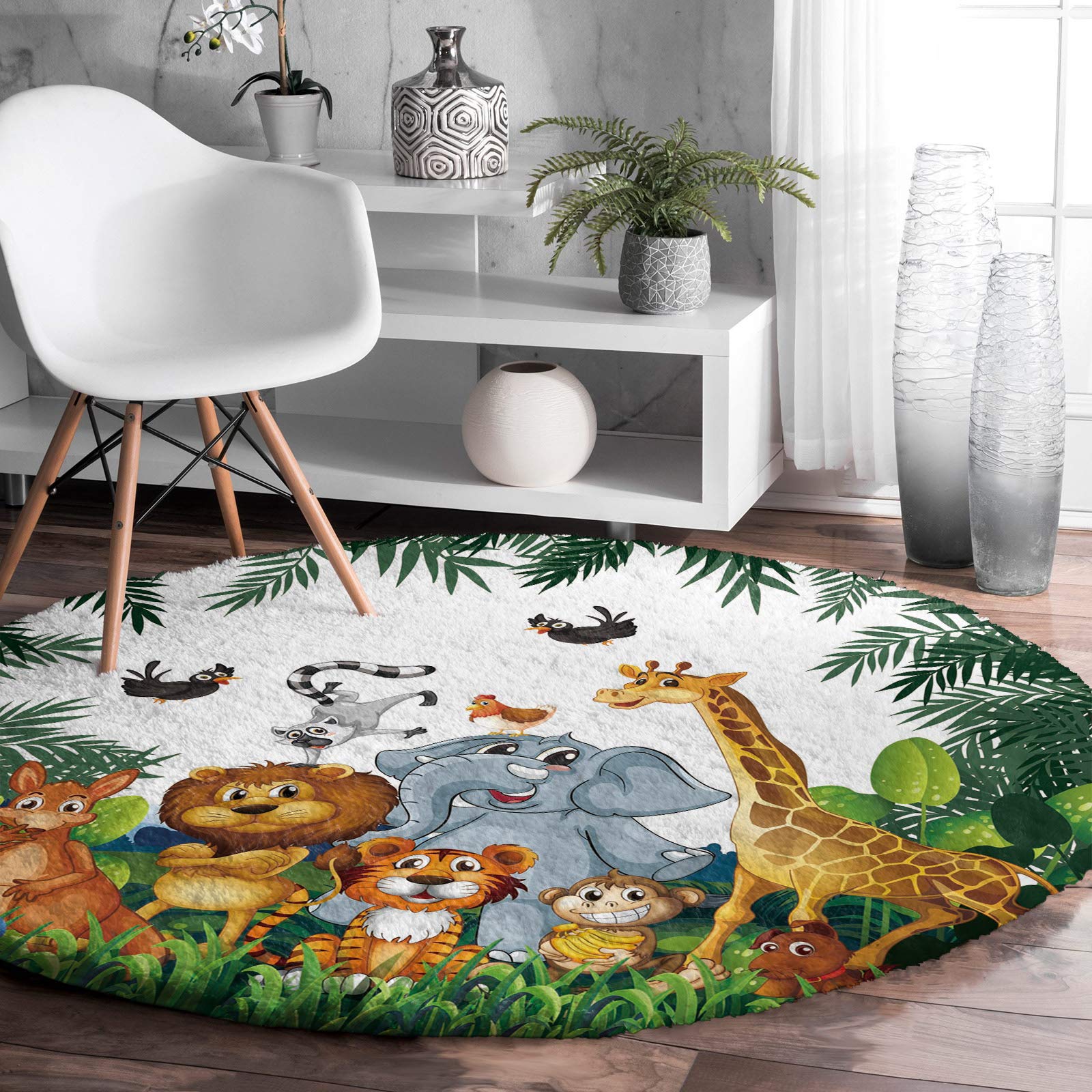 Kids Round Area Rug - Soft Plush Forest Animal Elephant & Giraffe Shaggy Carpet for Nursery, Bedroom, Playroom - 3ft Diameter Modern Home Decor - Perfect for Play Areas, Toddler Rooms & Cozy Floor Seating