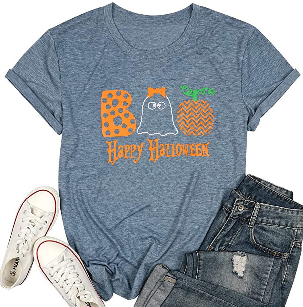 Funny Halloween Ghost Pumpkin Graphic T-Shirt for Women - Cute Short Sleeve Halloween Tee - Perfect for Costume Parties, Trick or Treating & Spooky Season Outfits
