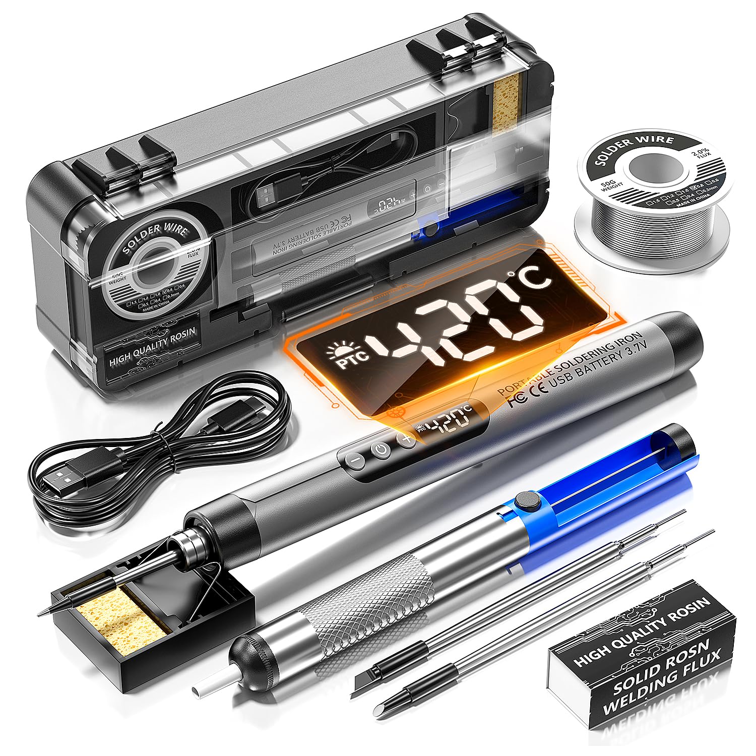Cordless USB Rechargeable Soldering Iron Kit with Digital Display & Temperature Control - Includes Soldering Iron, Stand, Wire, Tin Absorber, Rosin & Storage Box - Perfect for DIY Electronics, Home Repairs & Hobby Projects