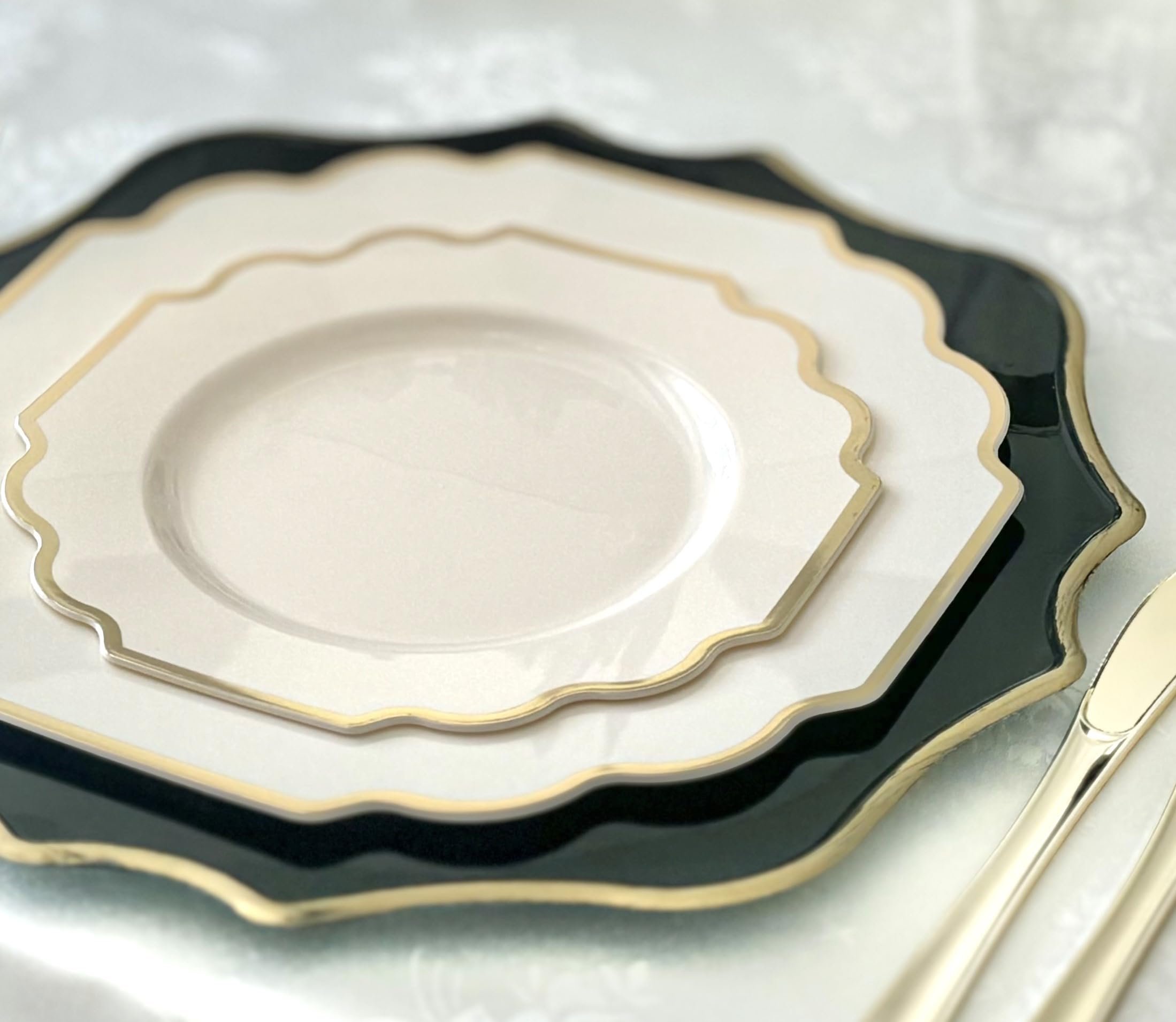 240-Pack Heavyweight Disposable Plastic Plates Set for Weddings & Parties - 120 x 10.5'' Dinner Plates + 120 x 8'' Salad/Dessert Plates in Imperial Ivory & Gold - Elegant Disposable Tableware for Wedding Receptions, Bridal Showers, Birthday Parties & Catering Events
