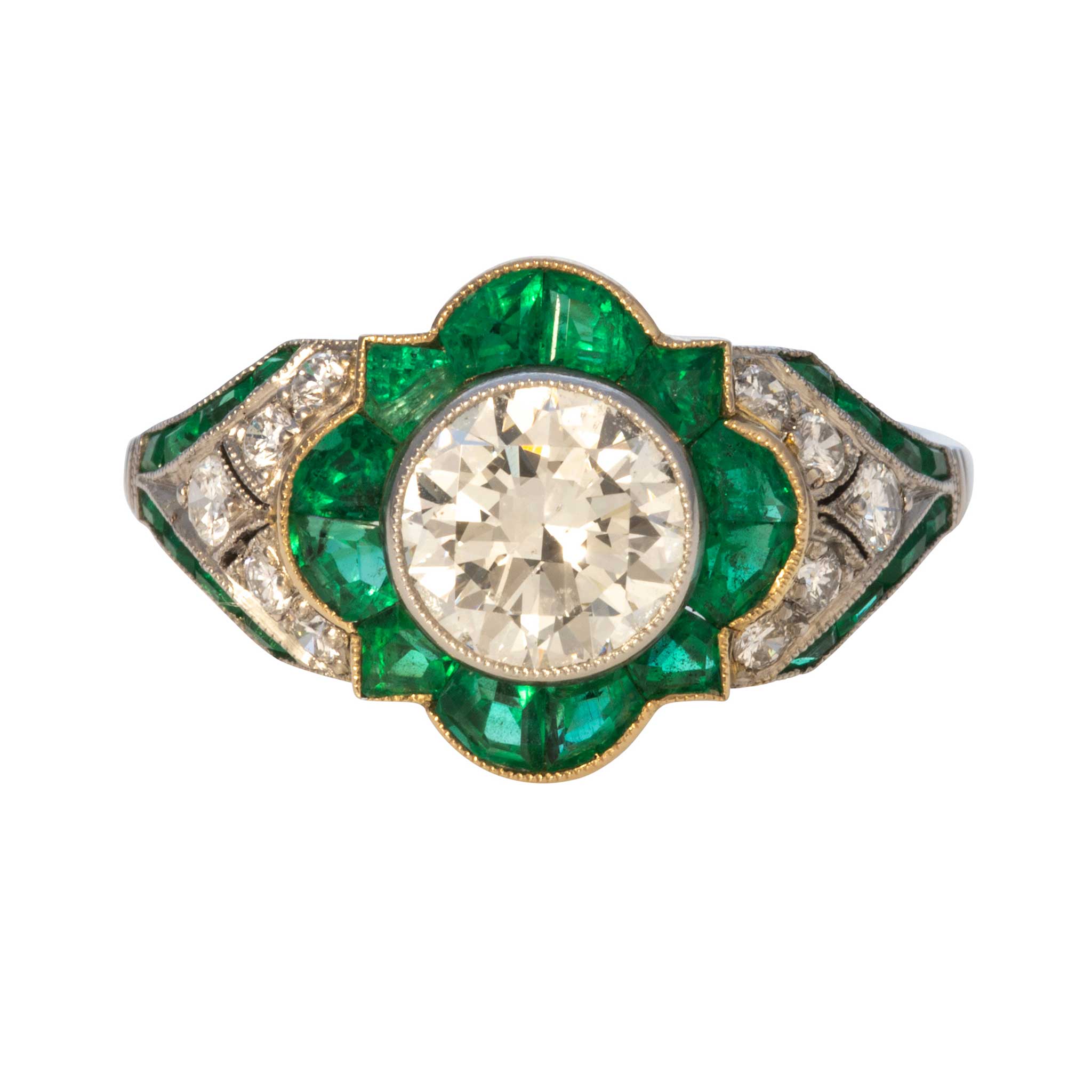 1.32ct Art Deco Round Diamond & Emerald Platinum Ring – Vintage Style Engagement, Wedding, or Anniversary Jewelry for Women
