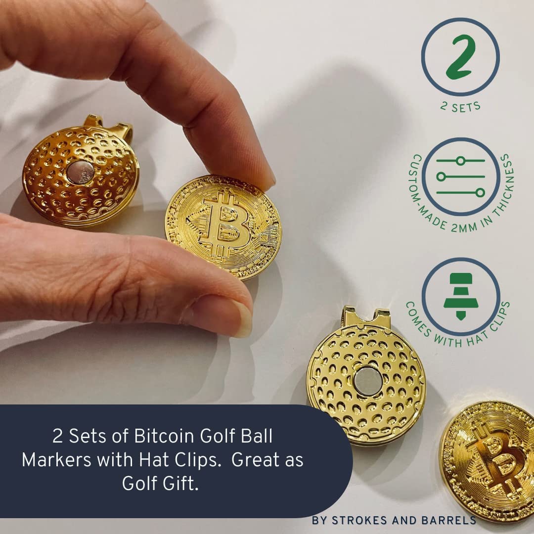 Premium Custom Gold Bitcoin Golf Ball Markers (2-Pack) with Hat Clips - Perfect Gift for Crypto & Golf Enthusiasts - Easily Attaches to Hats, Caps & Belts - Great for Golf Tournaments, Crypto Events & Collector Displays