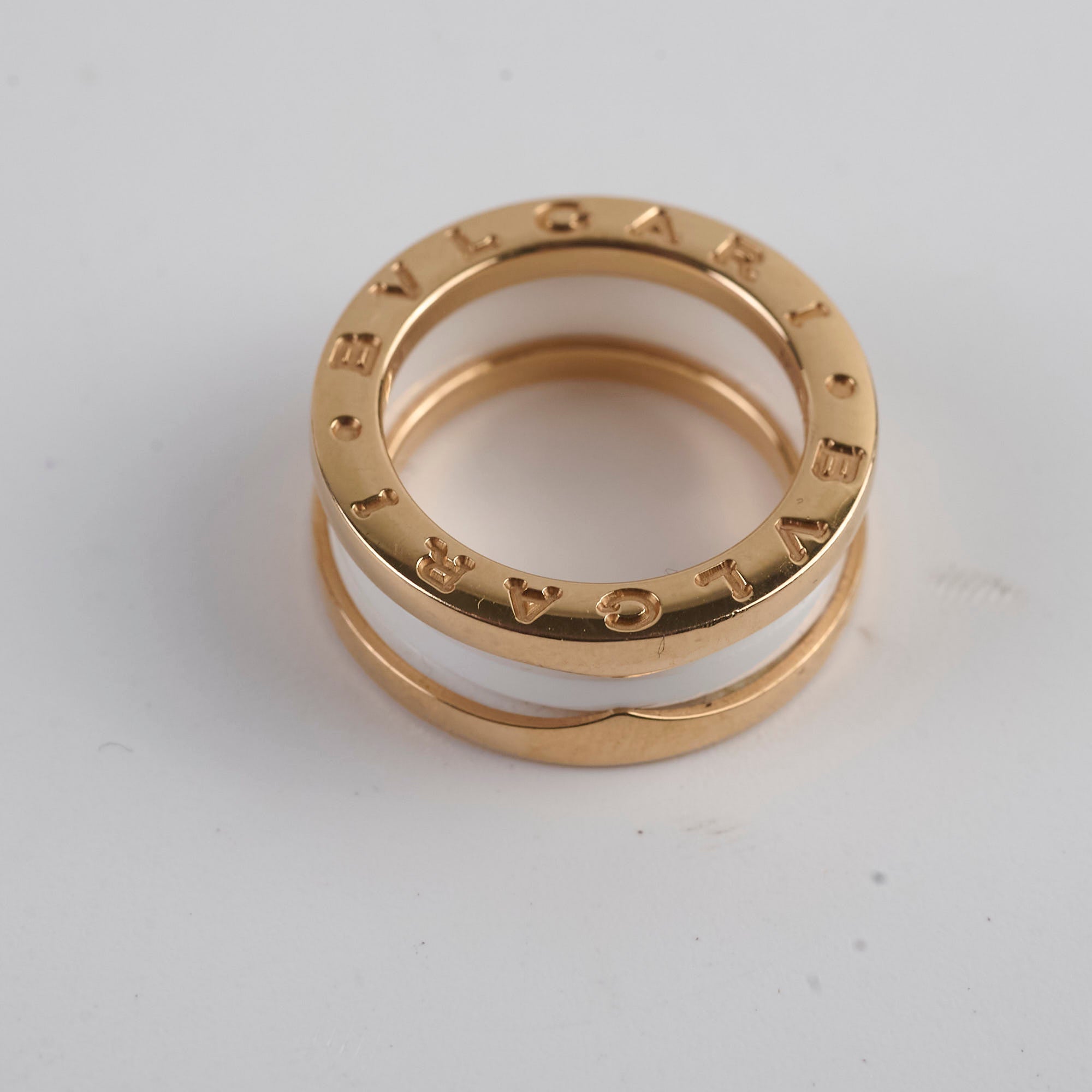Bvlgari B.Zero1 18K Pink Gold & White Ceramic Ring - Size 49 (US 5) | Luxury Italian Jewelry for Women, Anniversary Gift, Wedding Band, Everyday Elegance