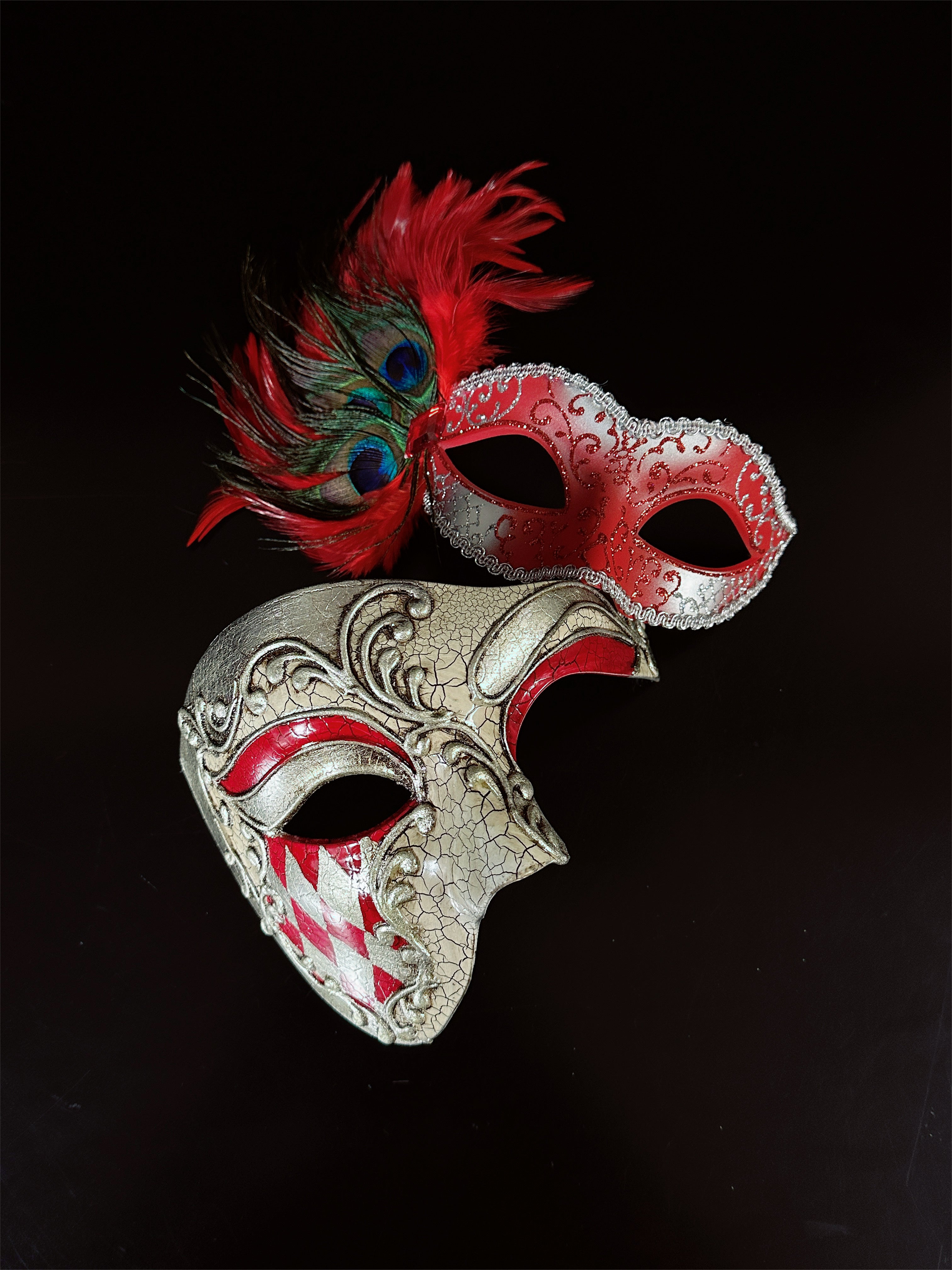 Elegant Venetian Couples Masks - Red & Silver Handcrafted Venetian Carnival Masquerade Masks for Ball, Party, Wedding & Costume Events