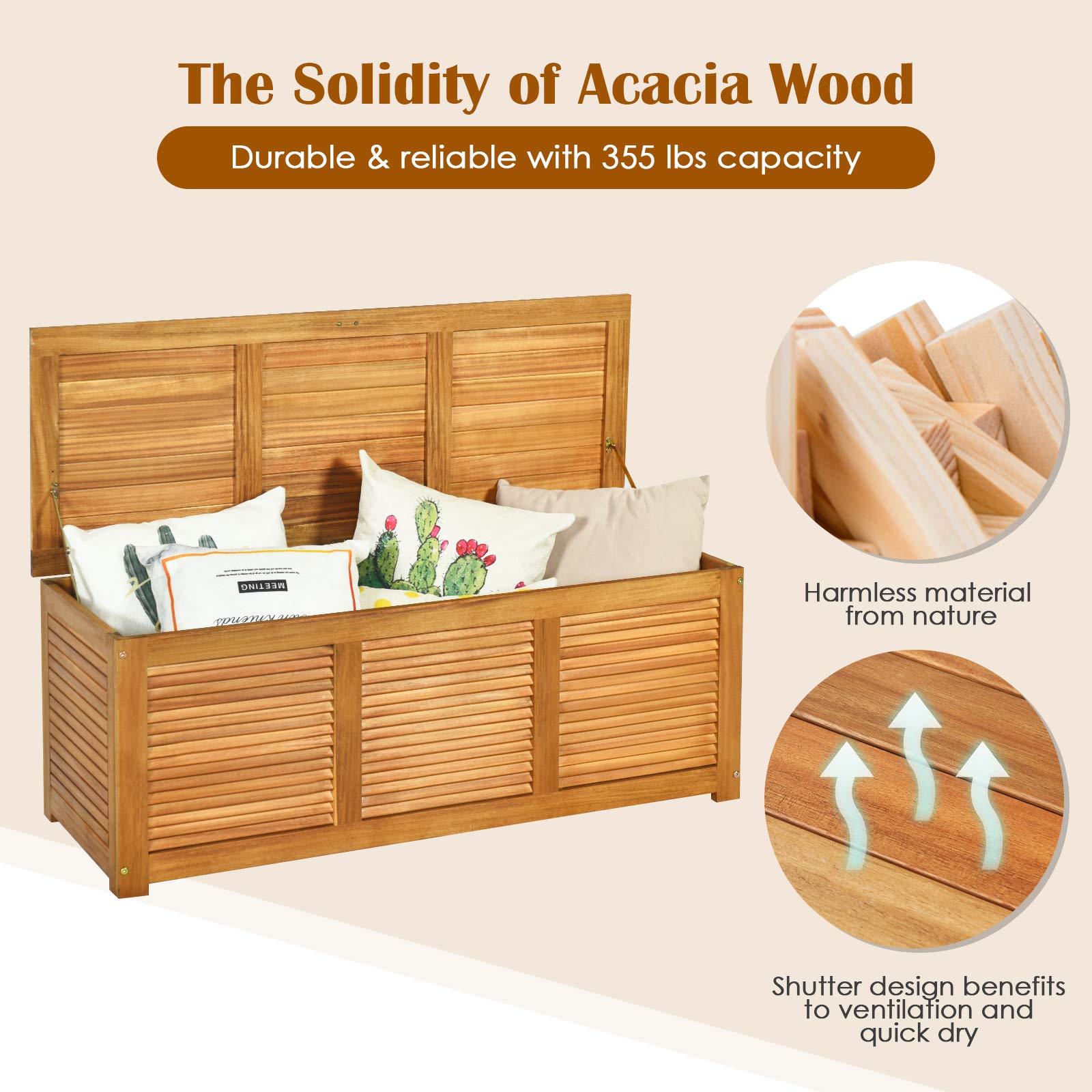 FANTASK 47 Gallon Acacia Wood Deck Box - Outdoor Garden Storage Bench for Patio Furniture, Gardening Tools, Toys & Cushions | Weatherproof Backyard Organization Solution for Decks, Patios & Poolside Areas