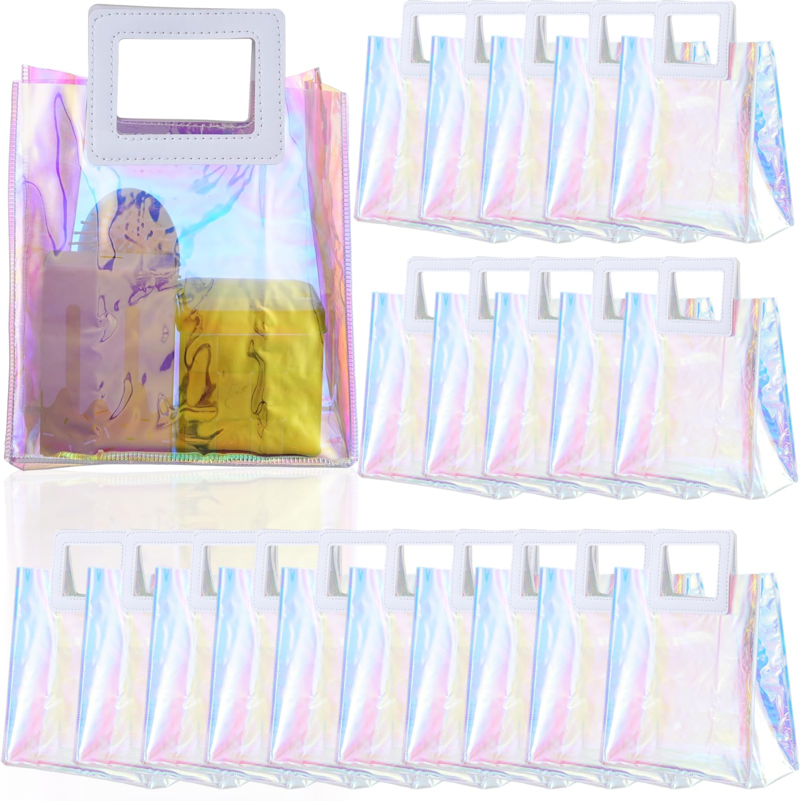 20 Pcs Holographic Tote Bags - 7''x4''x8'' Clear PVC Reusable Bags with Handles, Iridescent Gift Bags for Women & Girls, Perfect for Wedding, Party, Shopping & Everyday Use