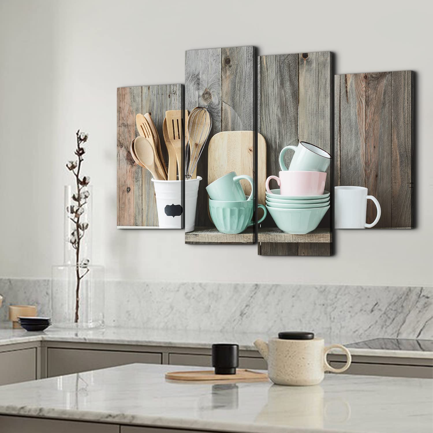 Farmhouse Kitchen Wall Art Set of 4 - Rustic Dining Room Decor with Wood Grain Coffee Cup Canvas Prints (48x32 Inch) - Perfect for Country Cabin, Bar & Modern Home Decor