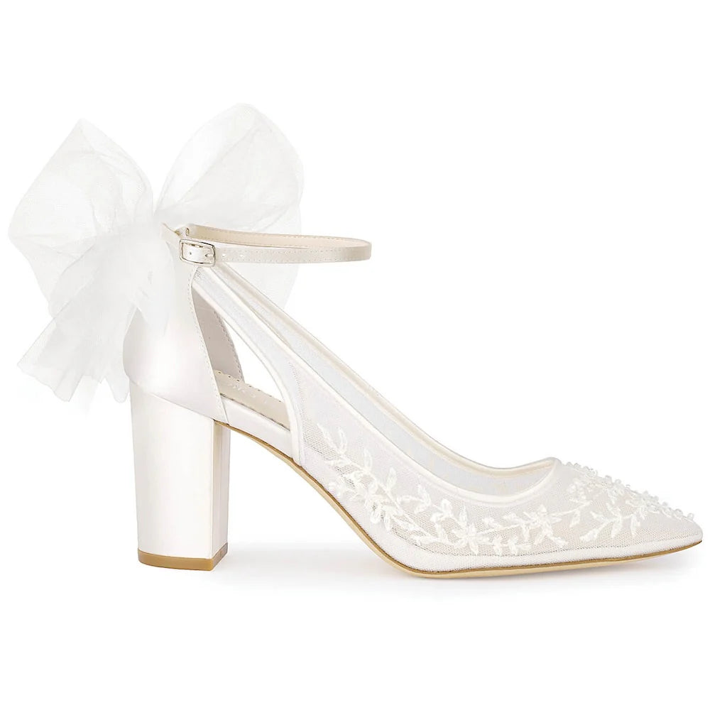 Easton Women's Slingback Block Heel Wedding Shoes with Tulle Bow - Comfortable Bridal Heels for Ceremony, Reception & Special Occasions