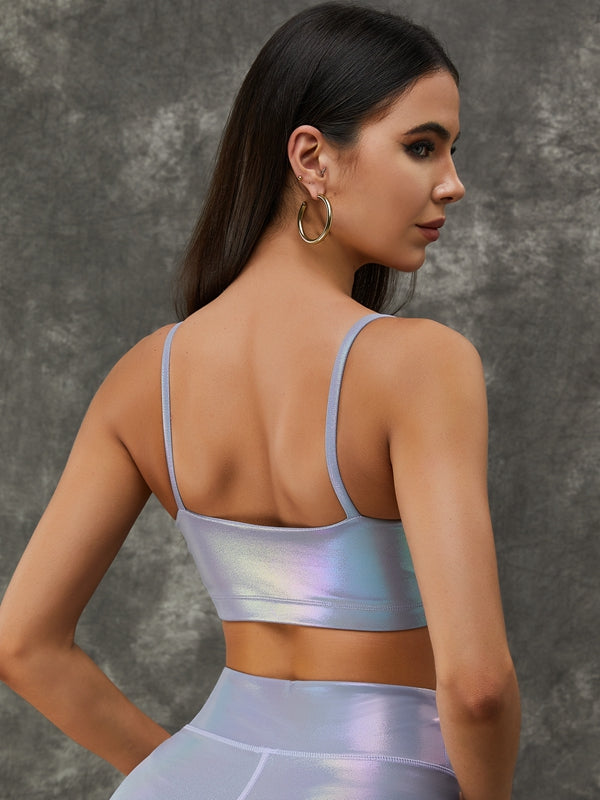 ZASWUA Women's Glossy PU Faux Leather Yoga Sports Bra - Shiny Pearly Bronze Workout Top for Gym, Running & Fitness Activities