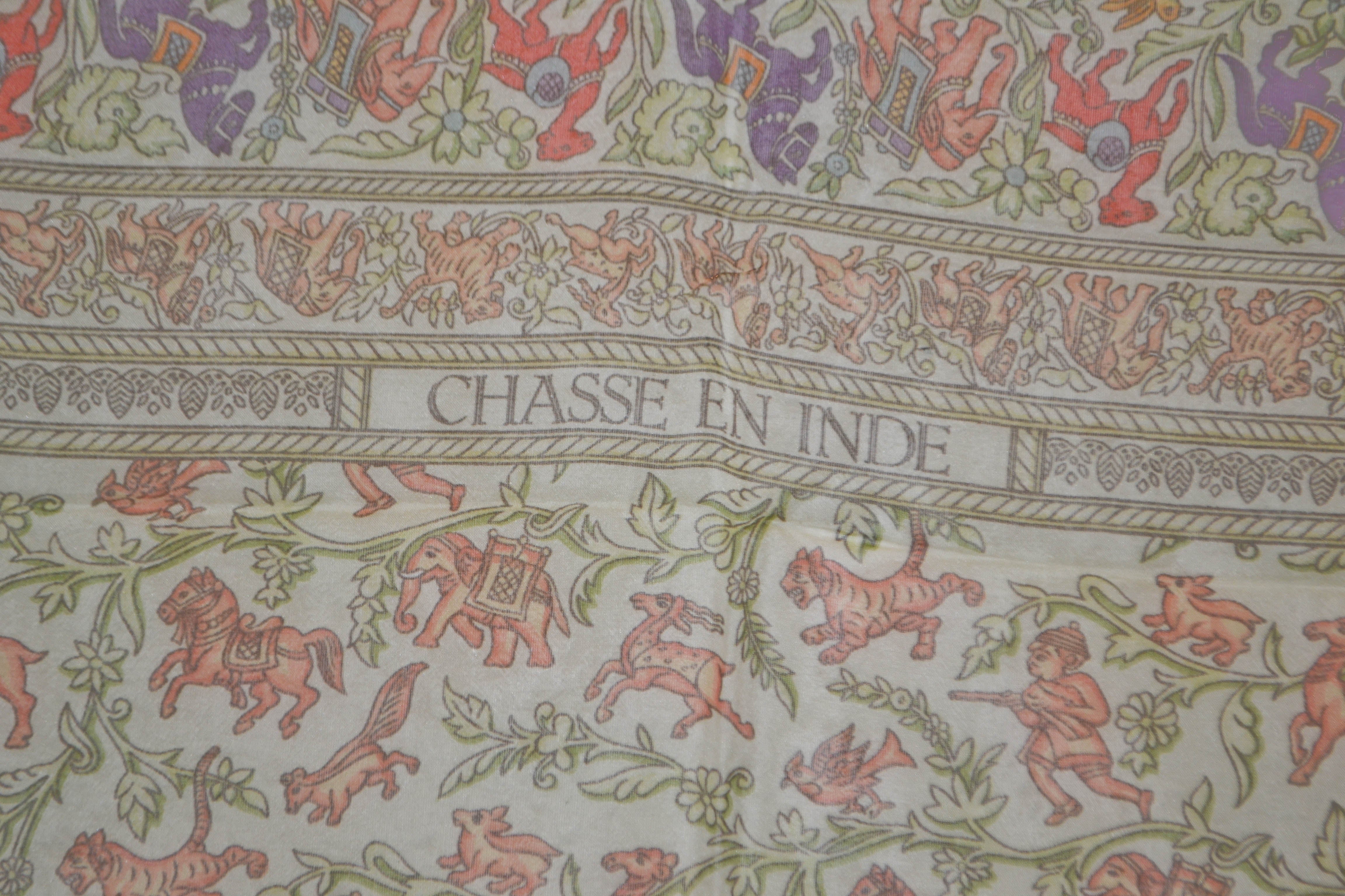 Authentic Hermes Beige Horse Chasse En Inde 100% Mousseline Silk Scarf 36