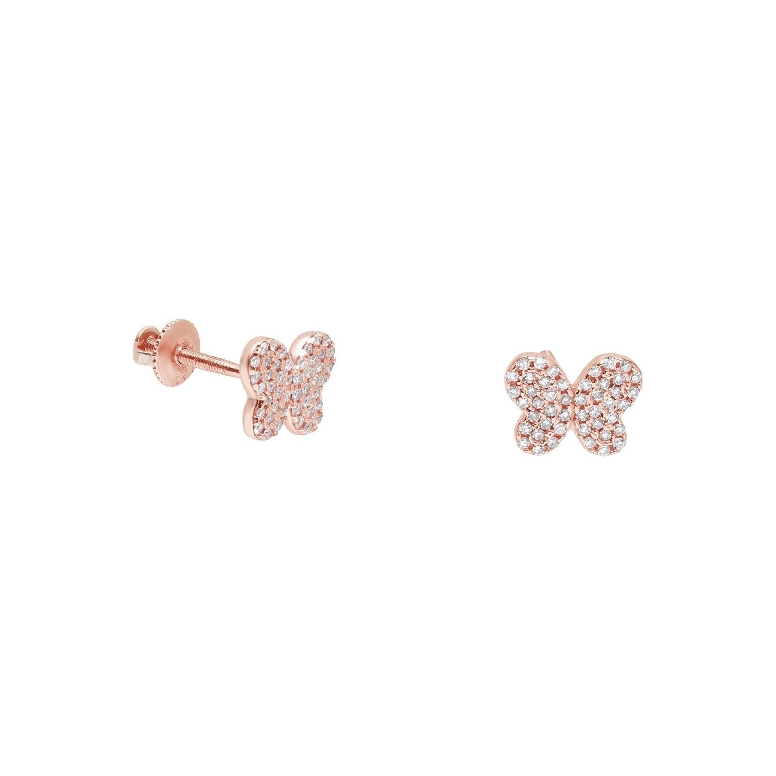 14k Rose Gold Diamond Pavé Butterfly Screw Back Earrings for Women - Elegant Gift for Anniversary, Wedding & Special Occasions