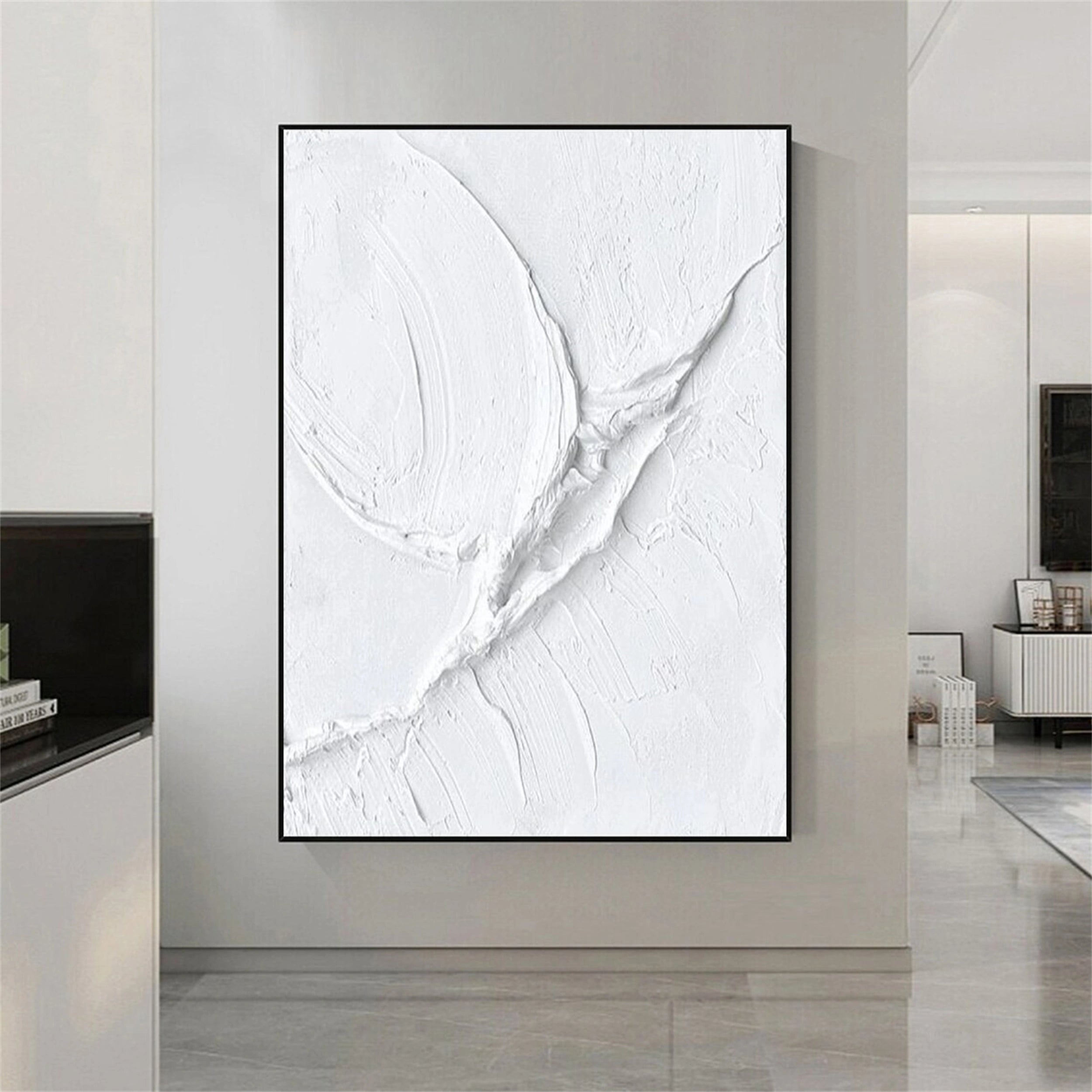 White Minimalist Textured Painting Canvas #MM161 - Premium Abstract Wall Art for Modern Home & Office Decor