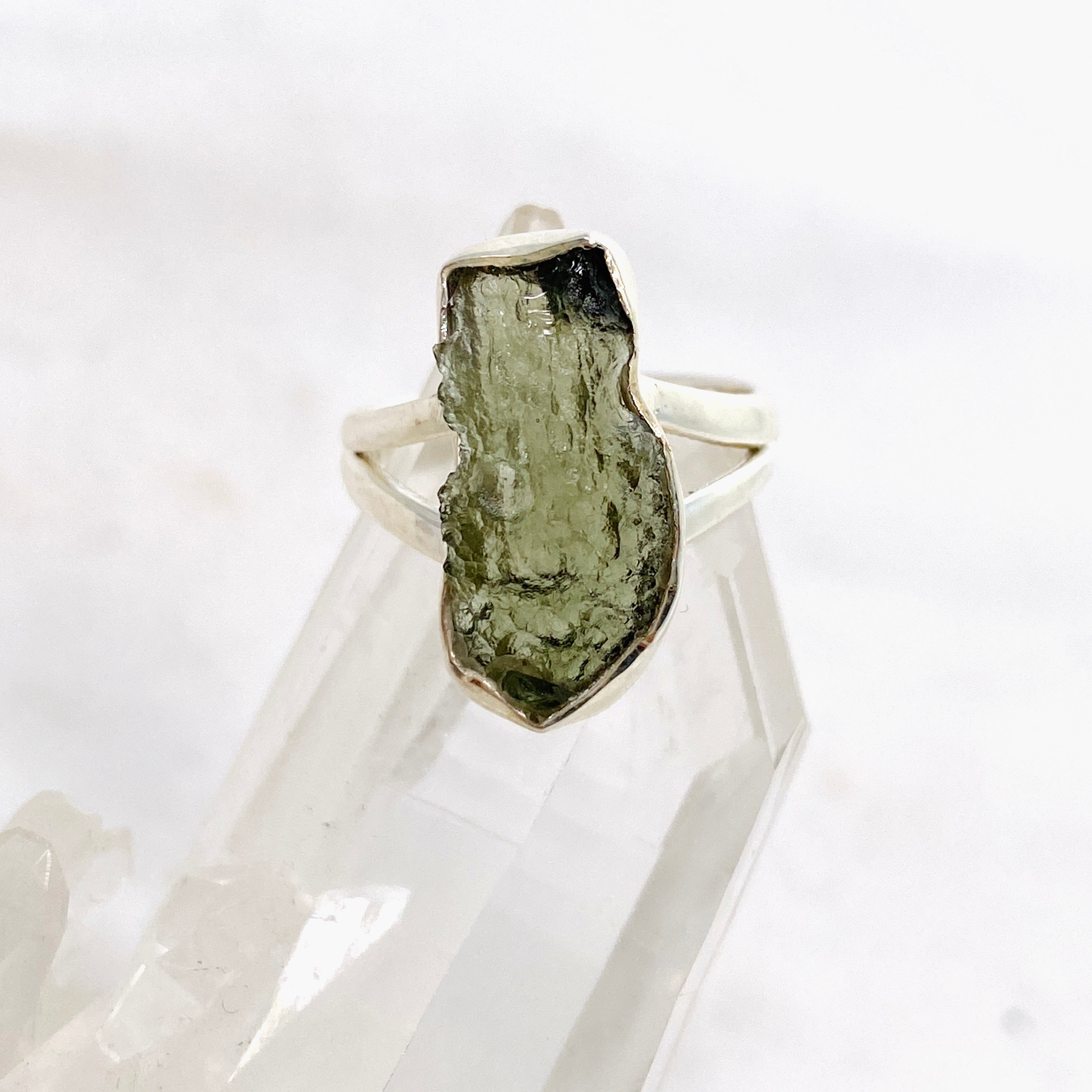 Natural Moldavite Raw Split Band Ring - Size 6 (KRGJ3356) | Handmade Bohemian Jewelry for Women, Wedding, Engagement & Spiritual Healing
