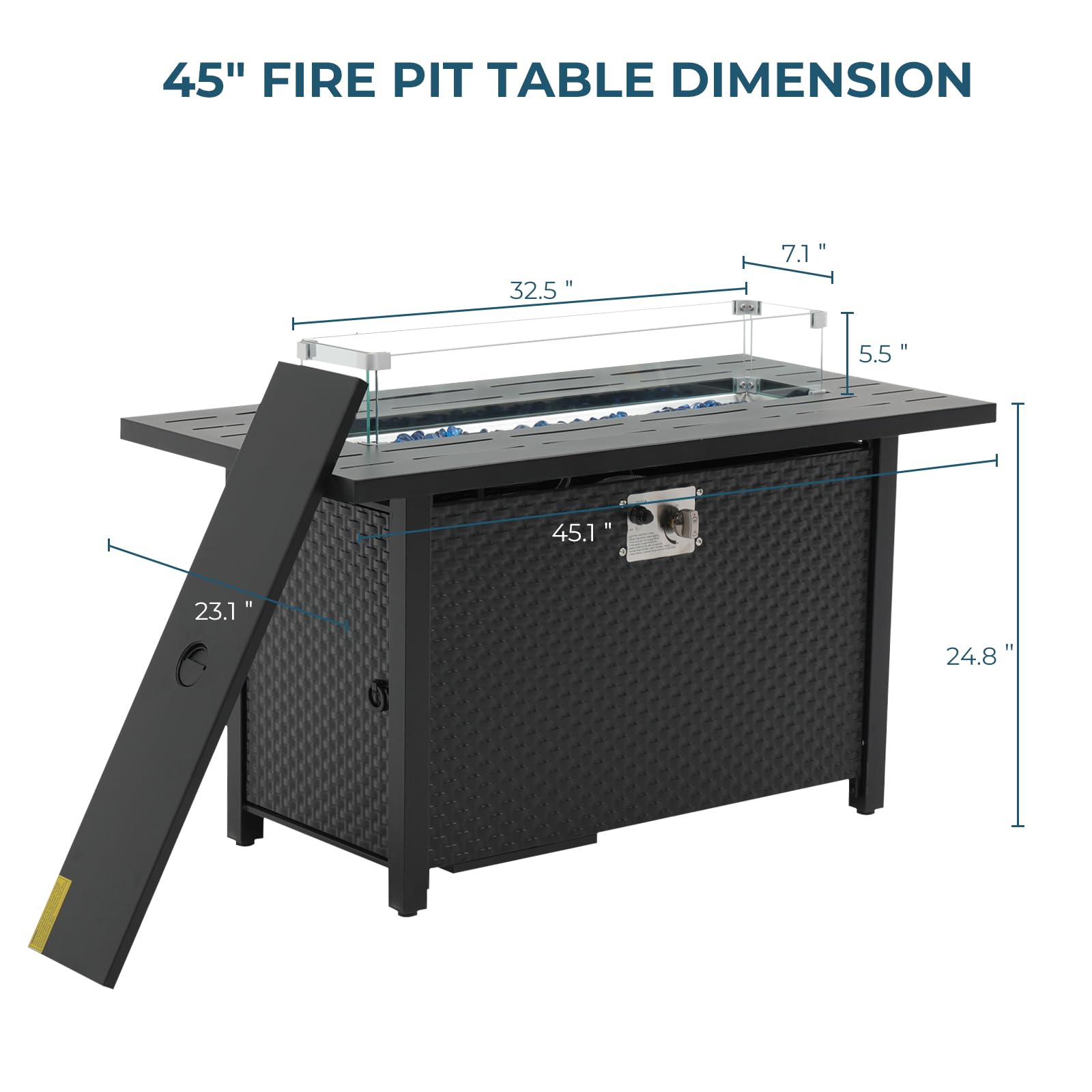 Yangming 45-Inch Square Propane Fire Pit Table - 50,000 BTU Outdoor Gas Firepit with Steel Tabletop, Glass Wind Guard & Blue Glass Stones - Waterproof Cover Included - Perfect for Garden, Patio, Deck, Backyard & Outdoor Entertaining