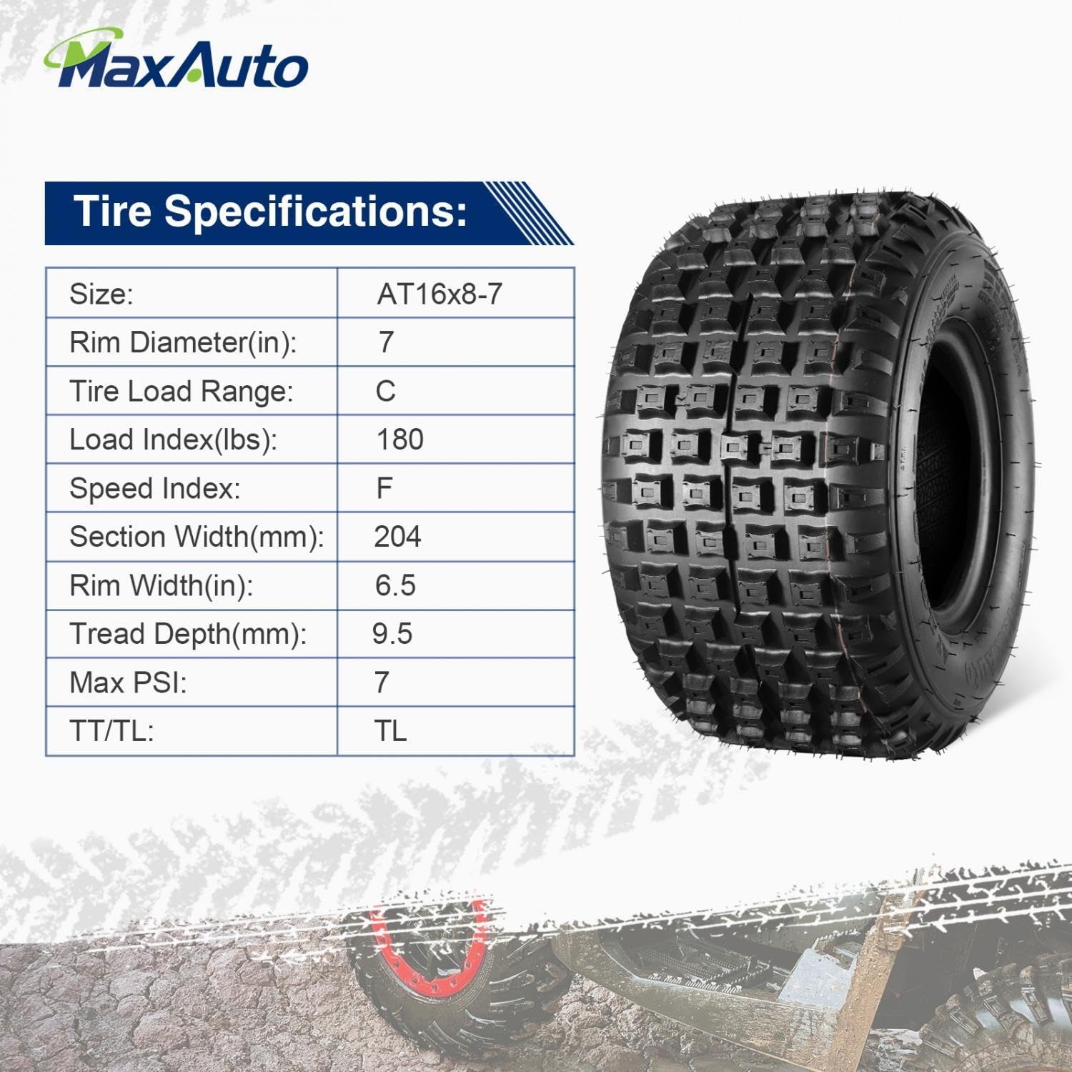 MaxAuto ATV Tires 145/70-6 & 16x8.00-7 - Knobby Tubeless Mini Bike and Go-Kart Tires (Set of 4) - Perfect for Off-Road, Trail Riding, and All-Terrain Adventures