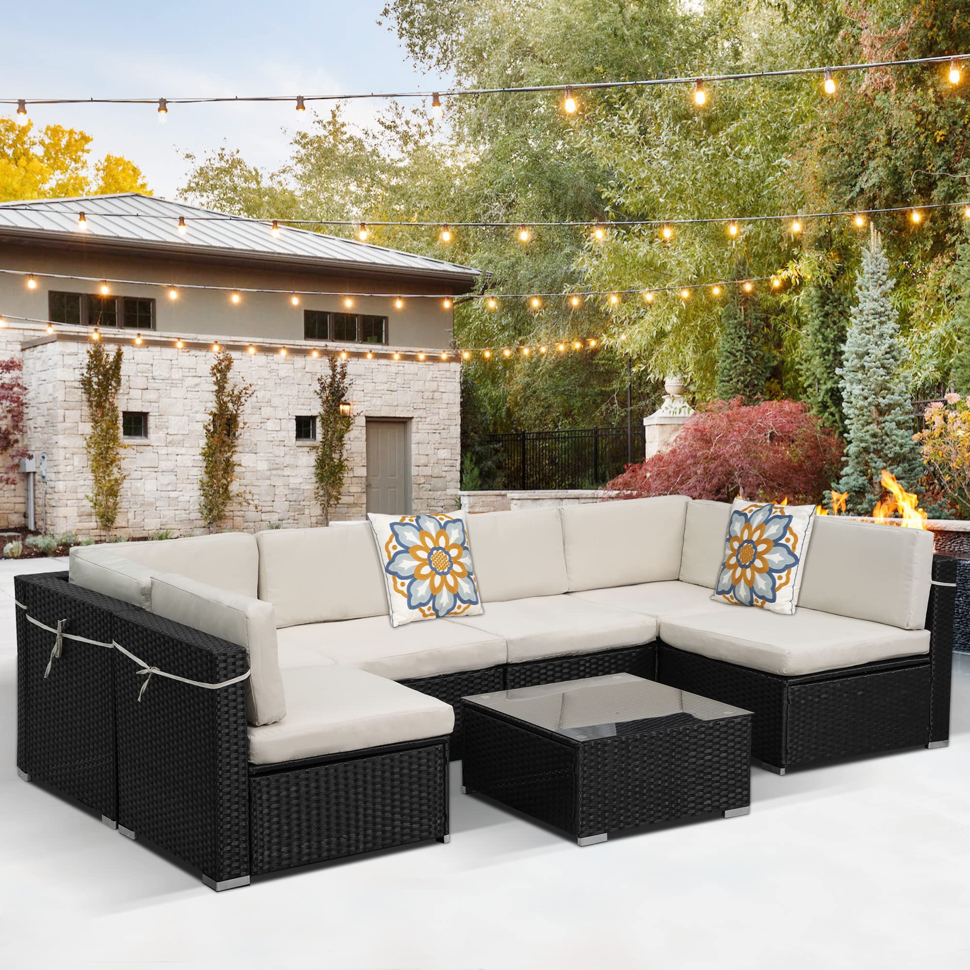 SUNVIVI 7-Piece Outdoor Patio Furniture Set - Black Wicker Sofa Set with Beige Cushions & Coffee Table for Backyard, Garden, Poolside - Perfect for Relaxing & Entertaining Outdoors