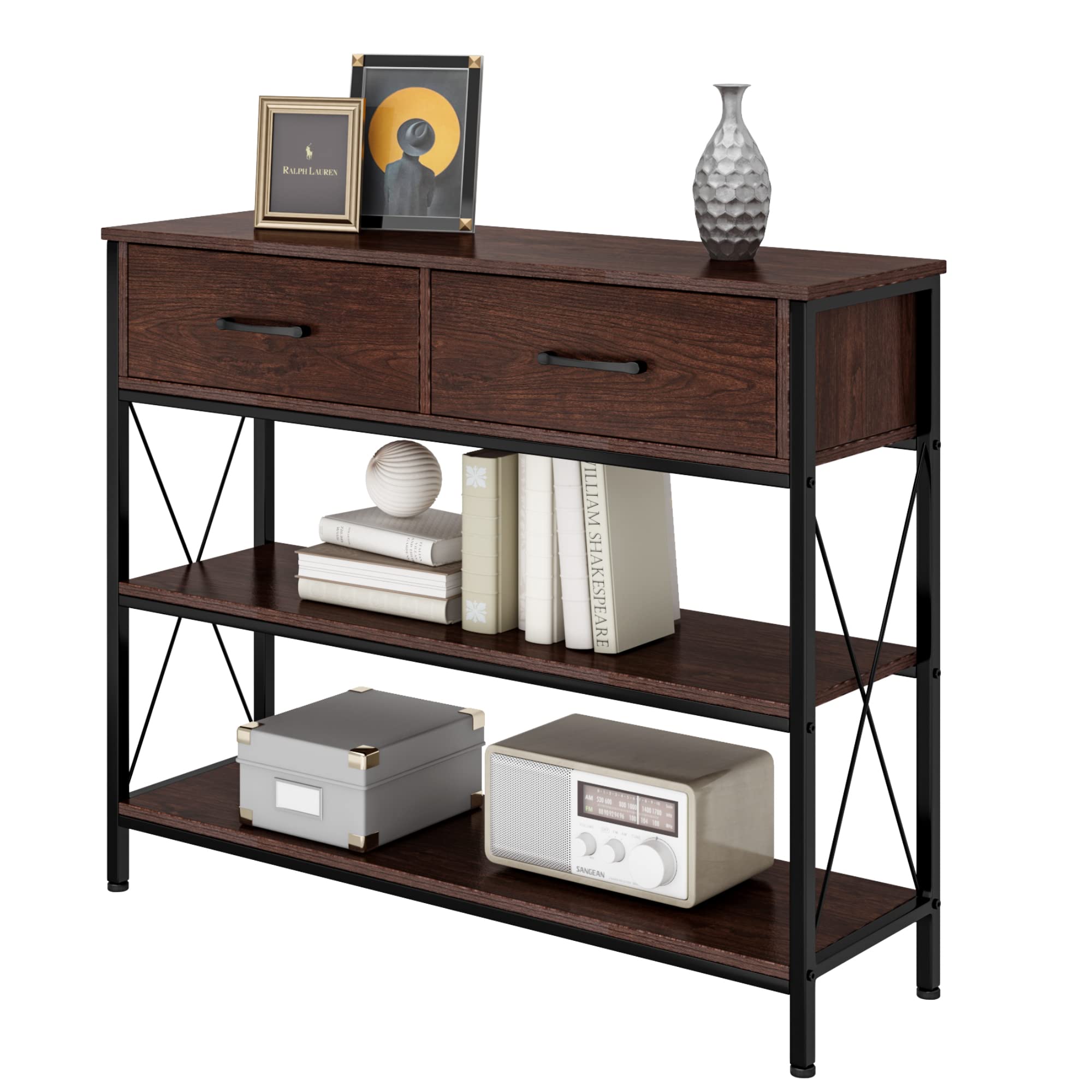 HITHOS Industrial Console Table with Drawers - Vintage Hallway Foyer Entry Table with Storage Shelves - Narrow Long Sofa Table for Living Room, Bedroom & Entryway - Cherry Wood Finish - Perfect for Small Spaces & Home Decor