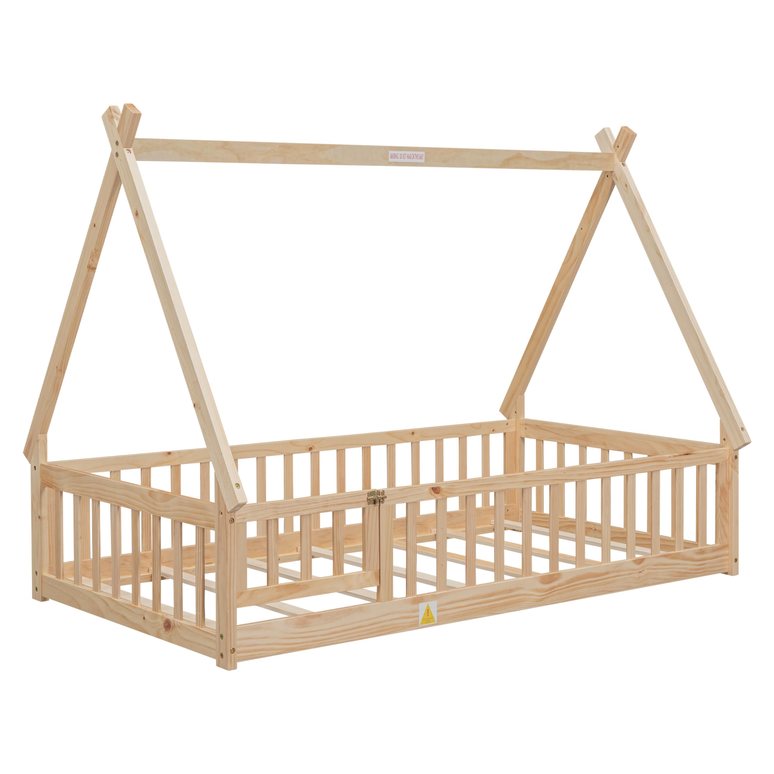 Montessori Twin Floor Bed for Kids - Natural Wood Teepee Tent Bed Frame with Slats, Guardrails & Safety Door - Perfect for Boys & Girls Bedrooms, Playrooms & Montessori Learning Spaces
