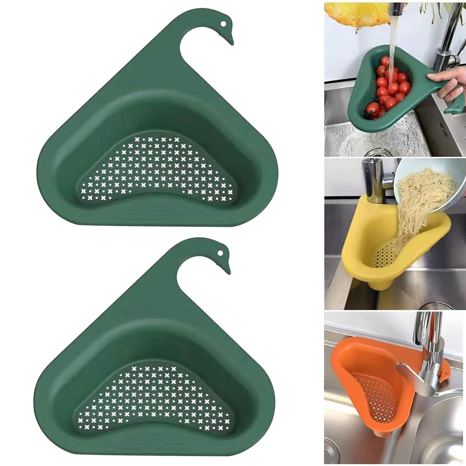 Swan Corner Kitchen Sink Strainer Basket - Triangle Drain Rack & Filter for Kitchen Sink, Multifunctional Green Sink Accessory | Perfect for Small Spaces, RV Kitchens & Bathroom Vanities