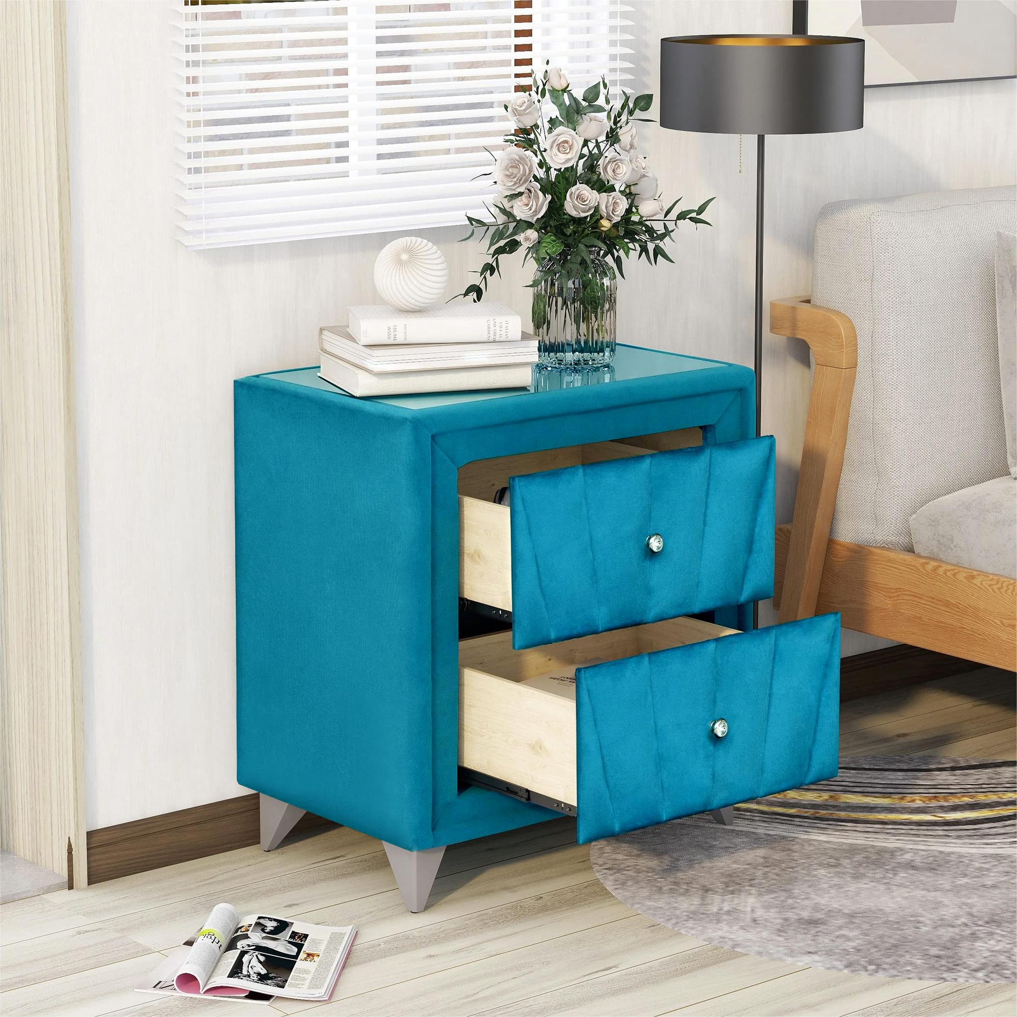 Luxury Upholstered Wooden Nightstand with 2 Drawers - Velvet Fabric & Glass Top End Table for Bedroom, Living Room, Hallway - Blue & Glass Design | Perfect for Bedside Storage, Home Decor & Small Space Organization