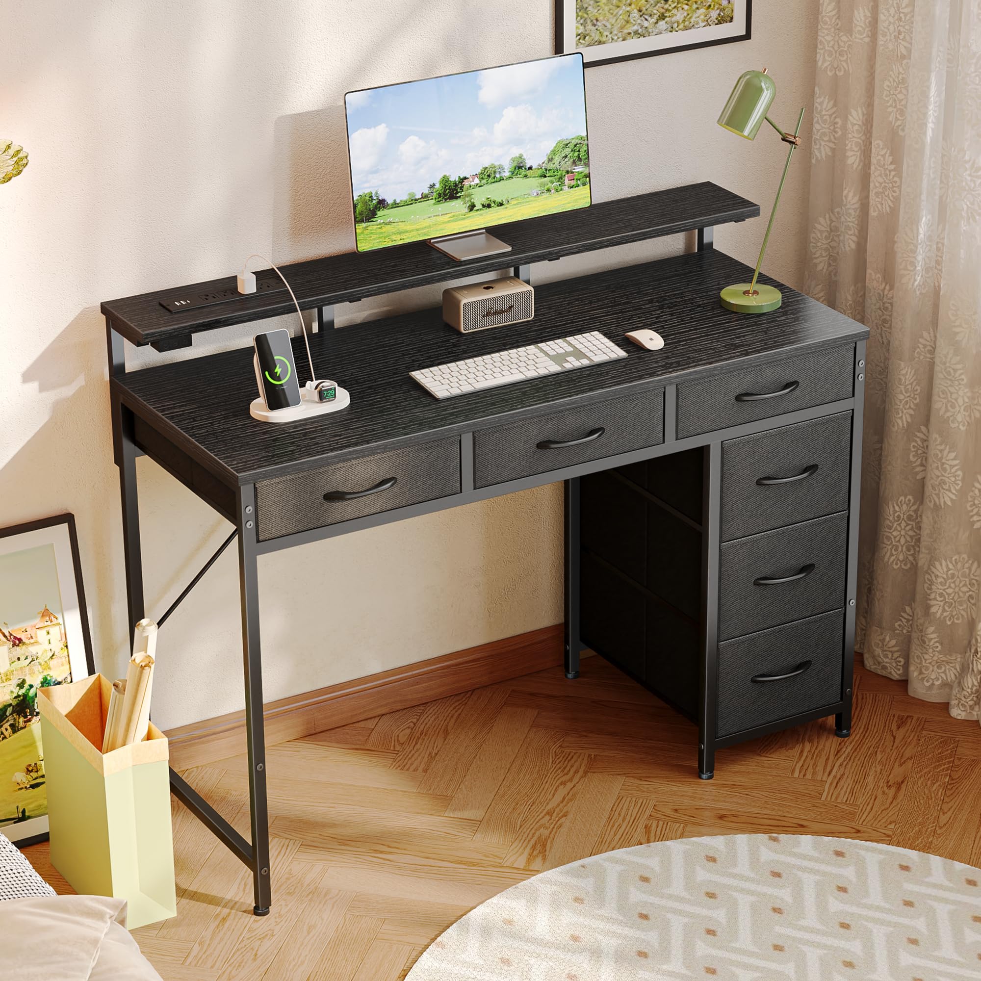Huuger 39 Inch Gaming Desk with LED Lights, Power Outlets & USB-C - 6 Drawer Computer Desk with Monitor Stand & Storage - Ergonomic Writing Workstation for Home Office, Study Room or Bedroom - Perfect for PC Gaming, Remote Work & Online Classes (Black)