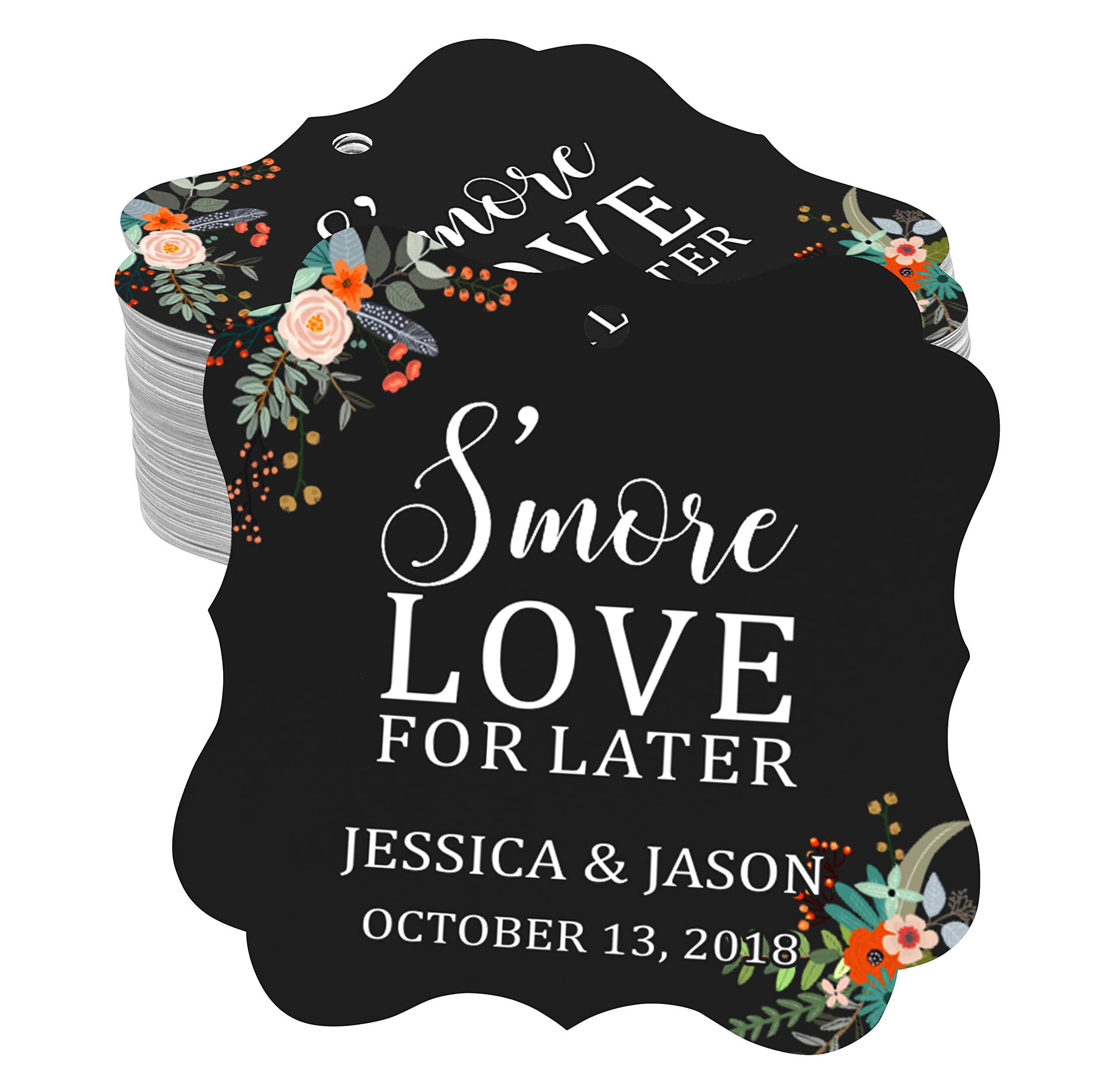 Custom Floral Black Hang Tags - 50 Pack for Wedding Favors, Party Decor, Gift Wrapping & DIY Crafts - S'More Love for Later Personalized Favor Tags