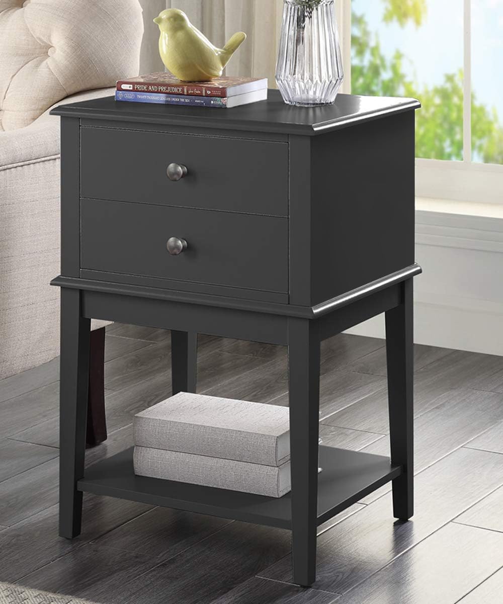 Coniferism Black Nightstand End Table with 2 Drawers & Storage Shelf - Tall Bedside Table for Bedroom, Living Room - Modern Bedside Cabinet with Ample Storage Space for Lamps, Books & Bedroom Essentials