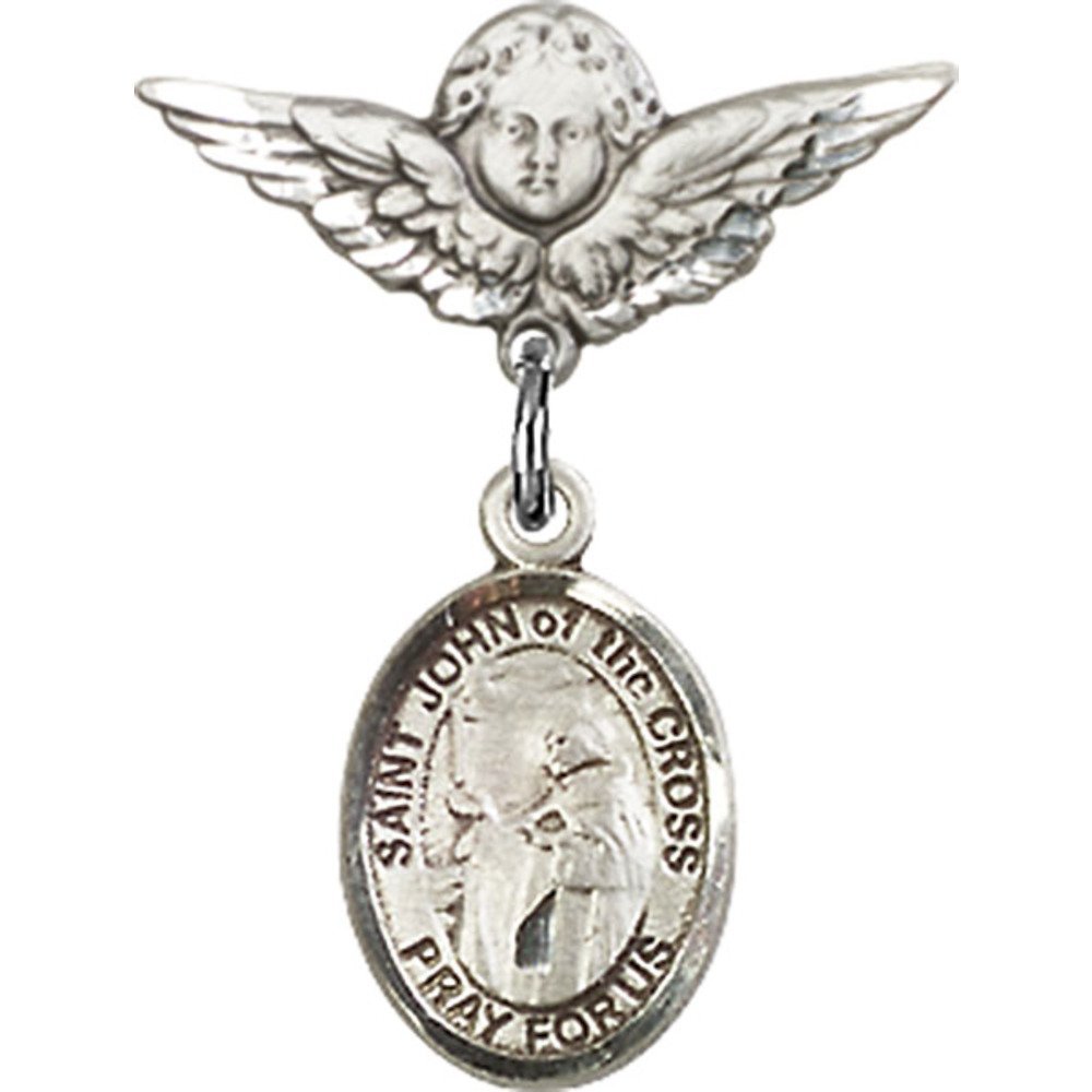 St. John of The Cross Sterling Silver Baby Badge with Angel Wing Charm - 7/8 X 3/4 Inch Religious Jewelry Pin for Baptism, Christening & First Communion Gifts