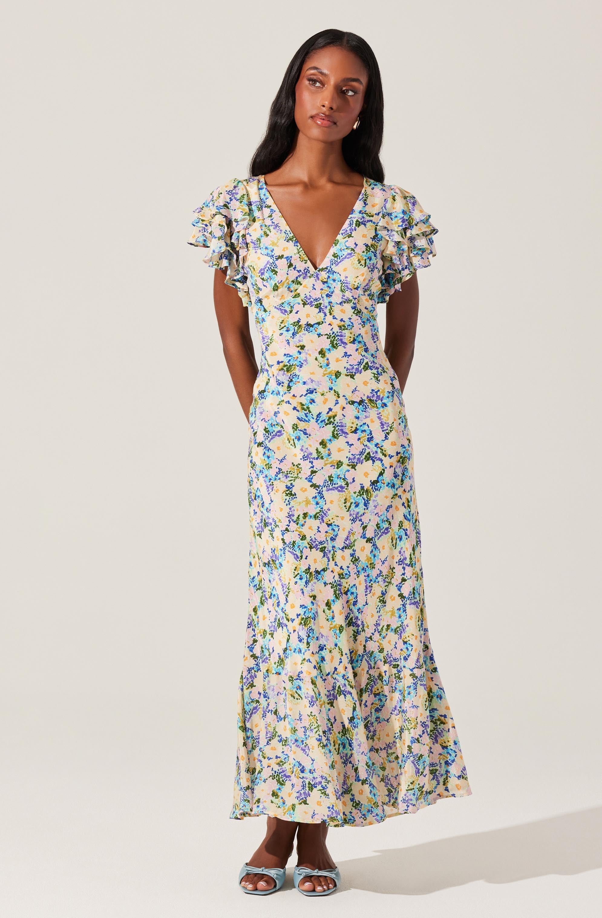 Celestine Floral Flutter Sleeve Midi Dress - Women's Boho Summer Dress for Beach, Wedding & Vacation