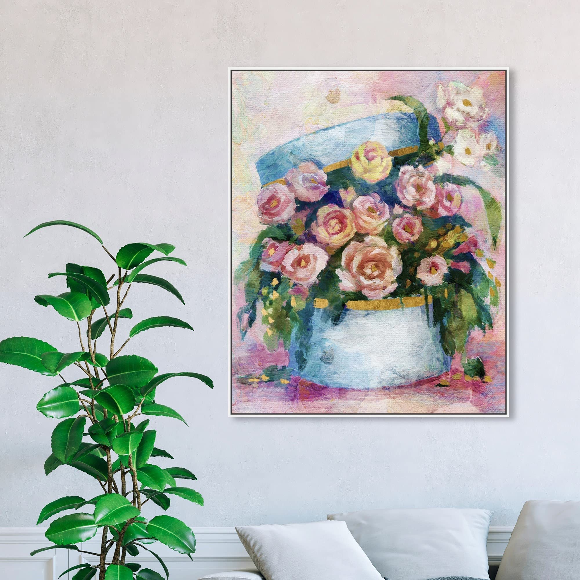 Floral and Botanical Wall Art Framed Canvas Prints - 'Flowers in Blue Box' Home Decor for Living Room, Bedroom & Office | Nature Inspired Painting for Modern Interior Design