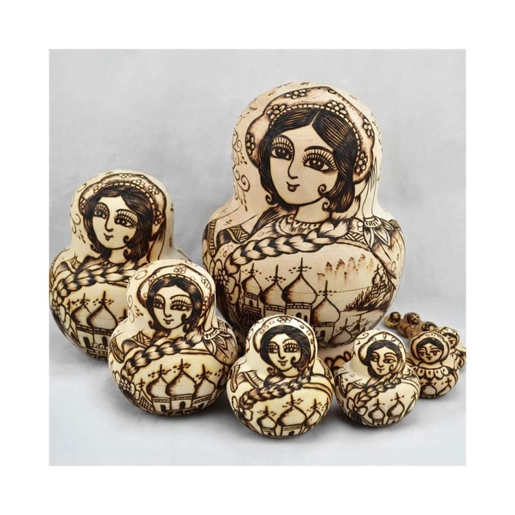 HSAN Russian Matryoshka Nesting Dolls Set - 10 Pcs Traditional Wooden Stacking Toy with Long Braids Girl Design, Handmade Babushka Dolls for Kids & Collectors | Perfect Gift for Birthdays, Home Decor & Cultural Education
