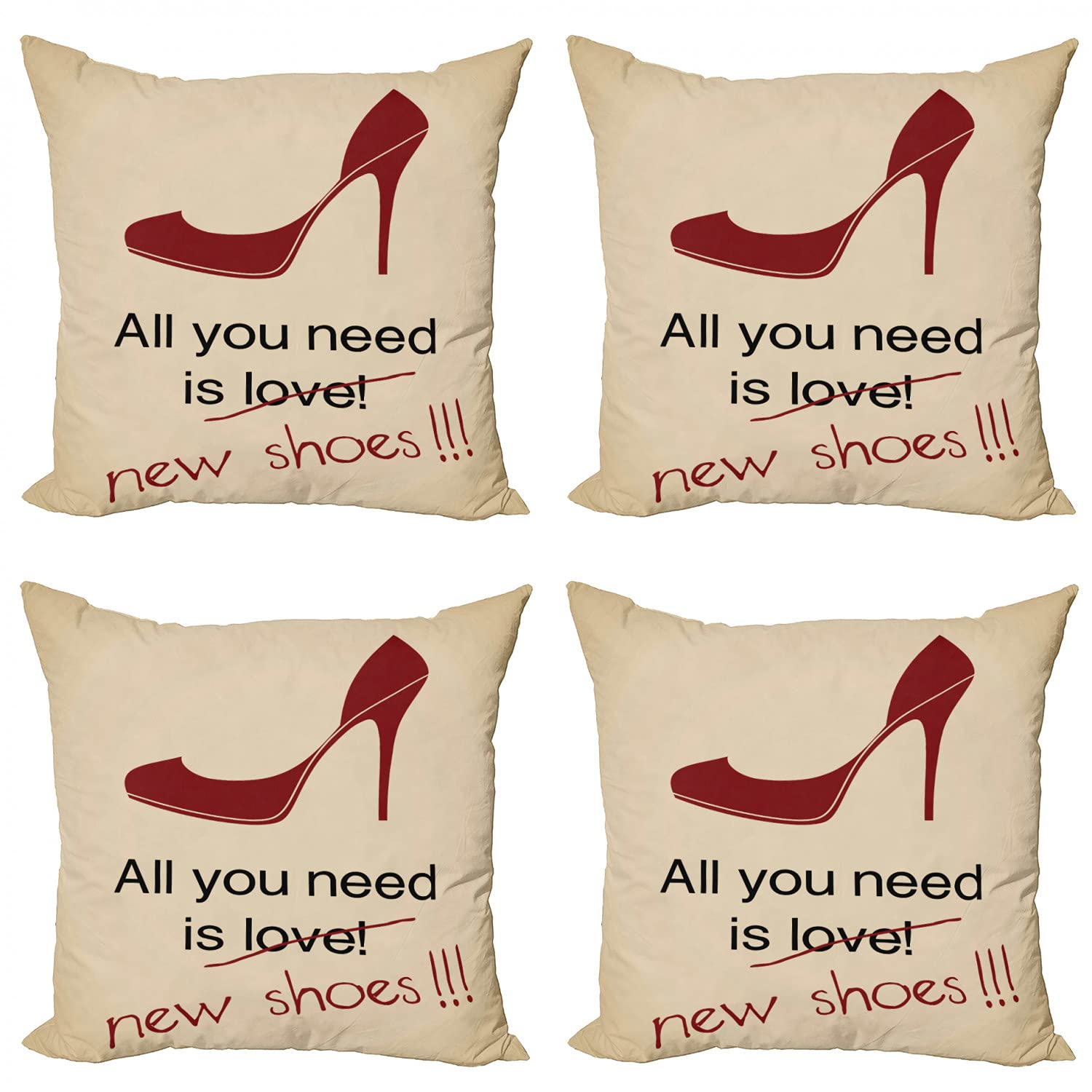 Ambesonne High Heels Throw Pillow Covers Set of 4 - Funny 'All You Need is New Shoes' Stiletto Design - 18 Inch Double-Sided Digital Printed Decorative Cushion Covers in Beige, Burgundy & Black - Perfect for Living Room, Bedroom & Office Decor